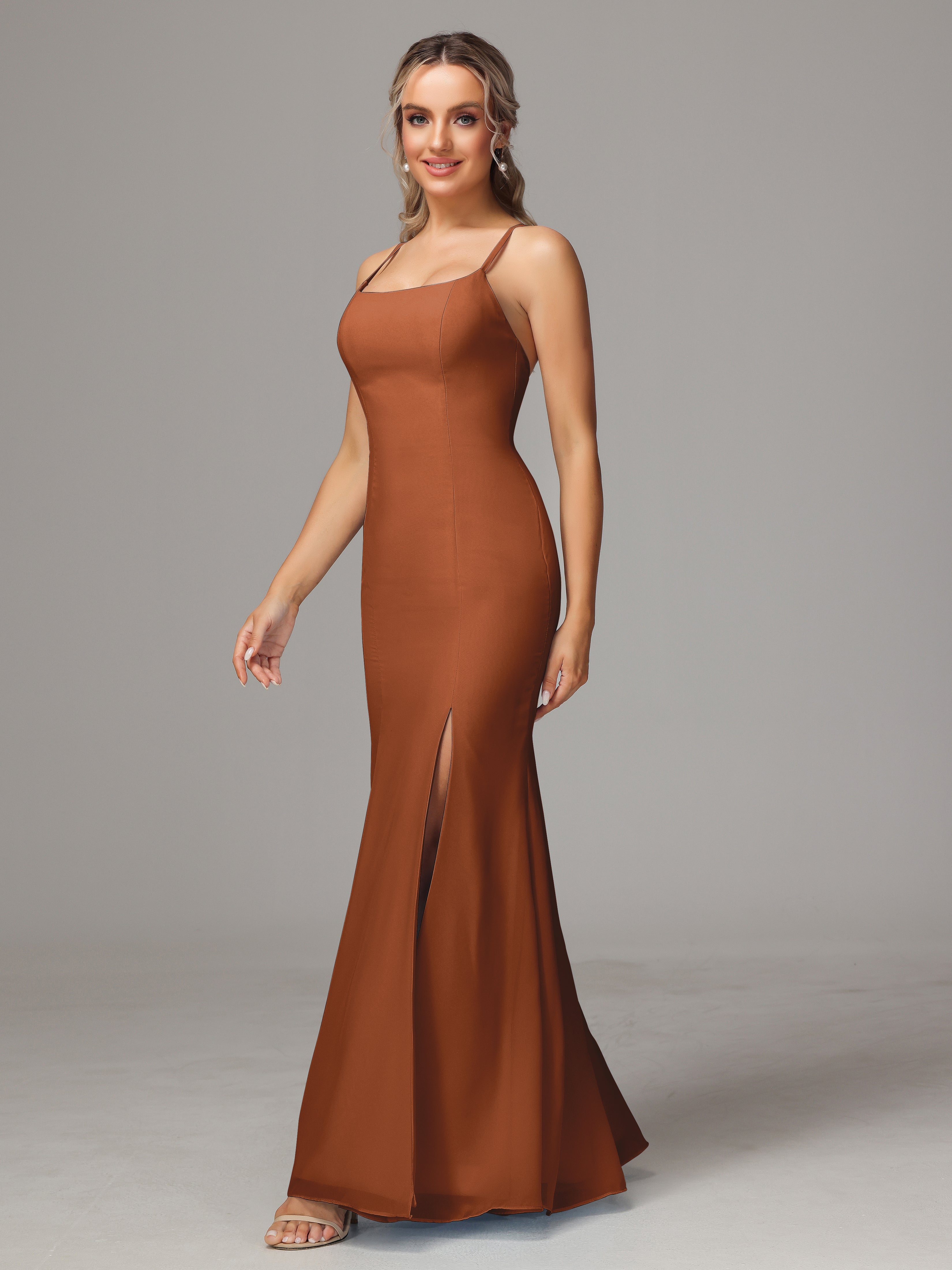 Robes De Demoiselle D'Honneur En Terre Cuite Leticia Fourreau Mousseline Longue Robes Demoiselle D'Honneur