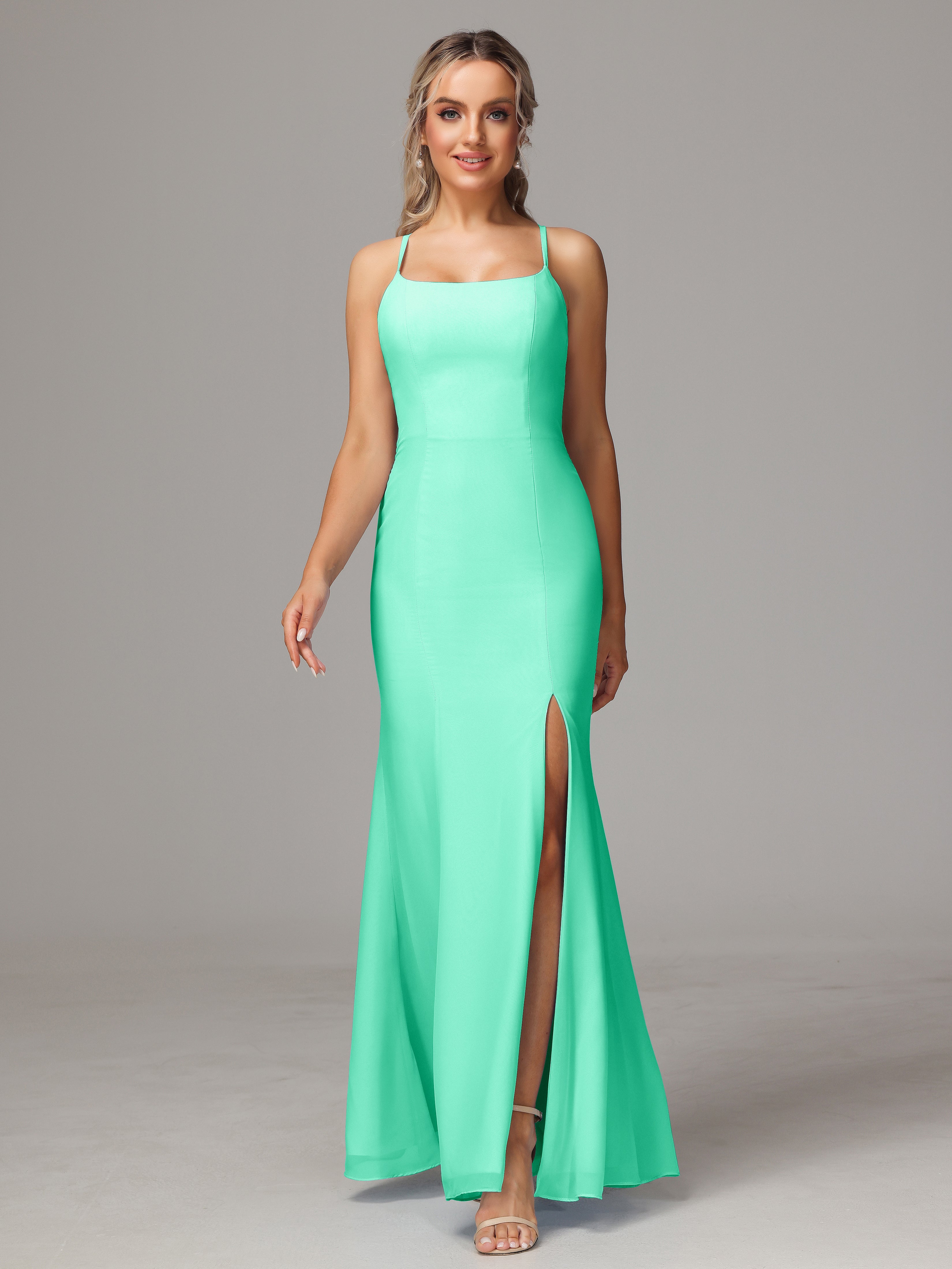 Robe Bleu Turquoise Demoiselle D Honneur Leticia Fourreau Mousseline Longue Robes Demoiselle D'Honneur