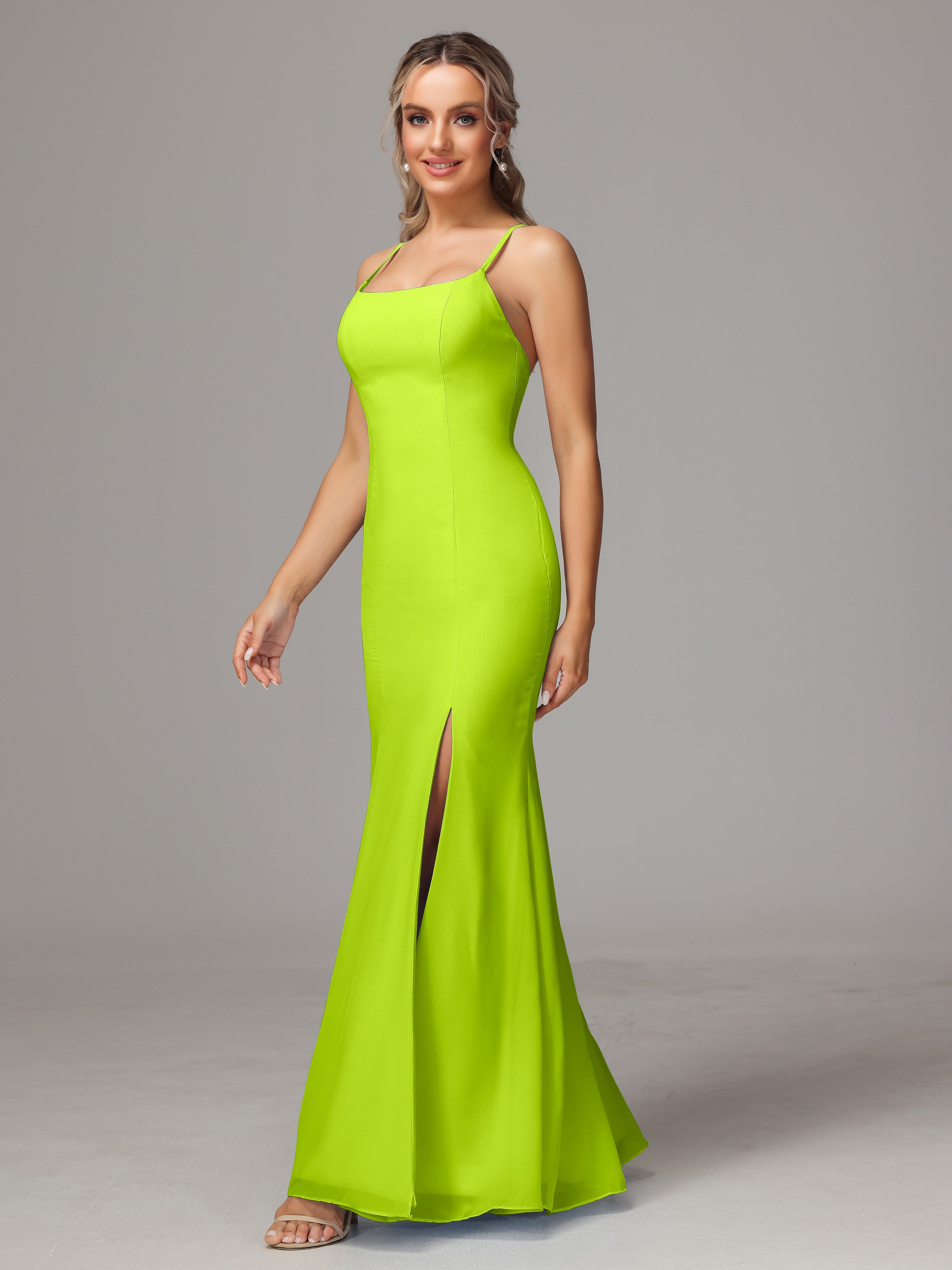 Robes De Demoiselle D'Honneur Vert Citron Leticia Fourreau Mousseline Longue Robes Demoiselle D'Honneur