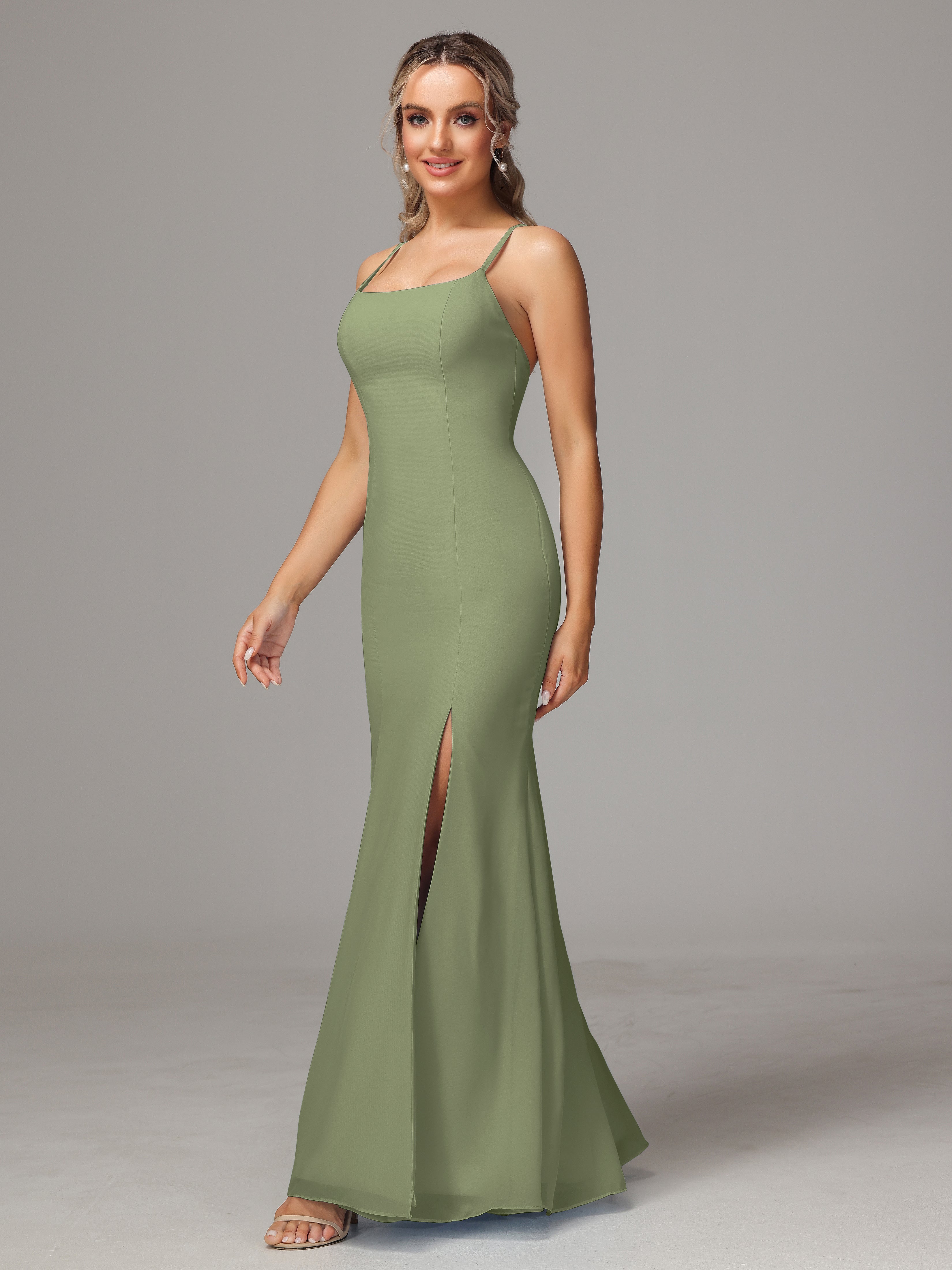 Robes De Demoiselle D'Honneur Olive Leticia Fourreau Mousseline Longue Robes Demoiselle D'Honneur