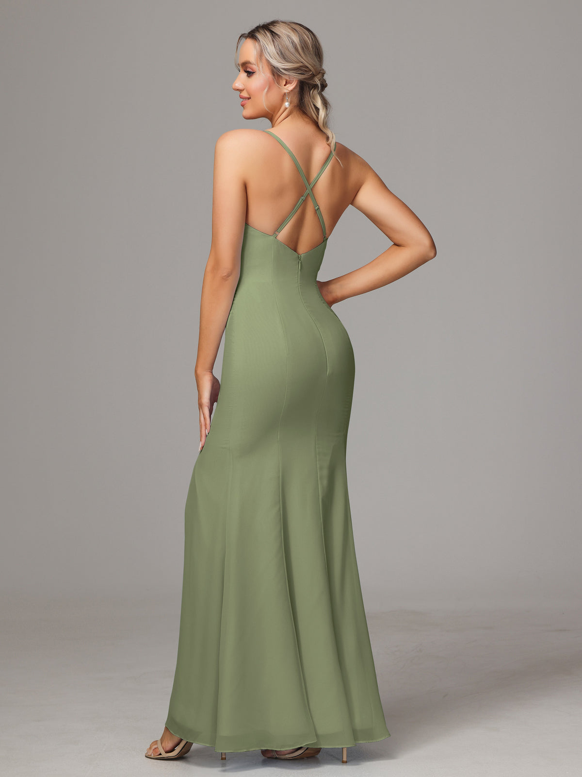 Robes De Demoiselle D'Honneur Olive Leticia Fourreau Mousseline Longue Robes Demoiselle D'Honneur