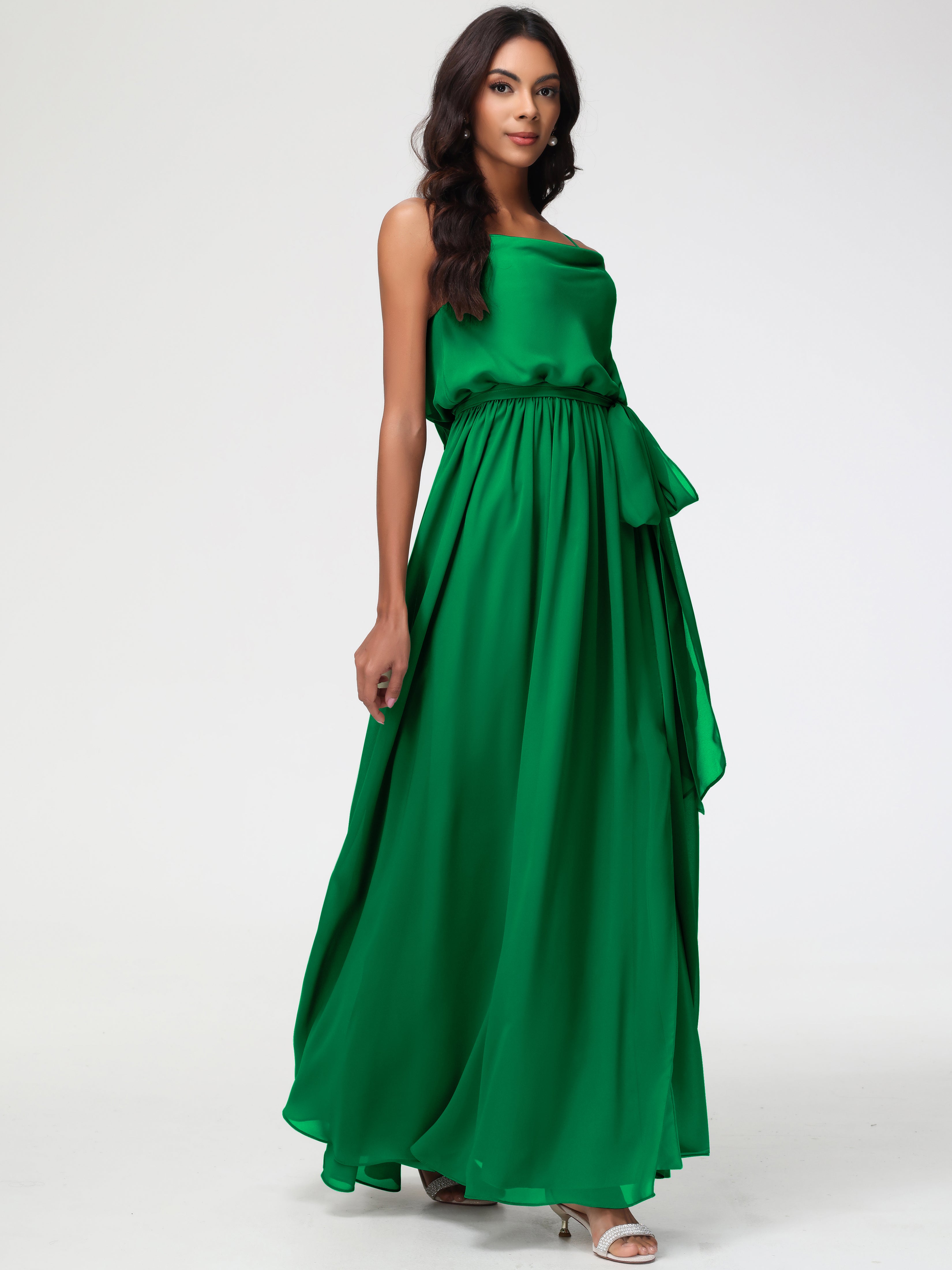 Robe Vert Emeraude Demoiselle D Honneur Bretelles Spaghetti Col Bénitier Trapèze Mousseline Robe Demoiselle D'Honneur