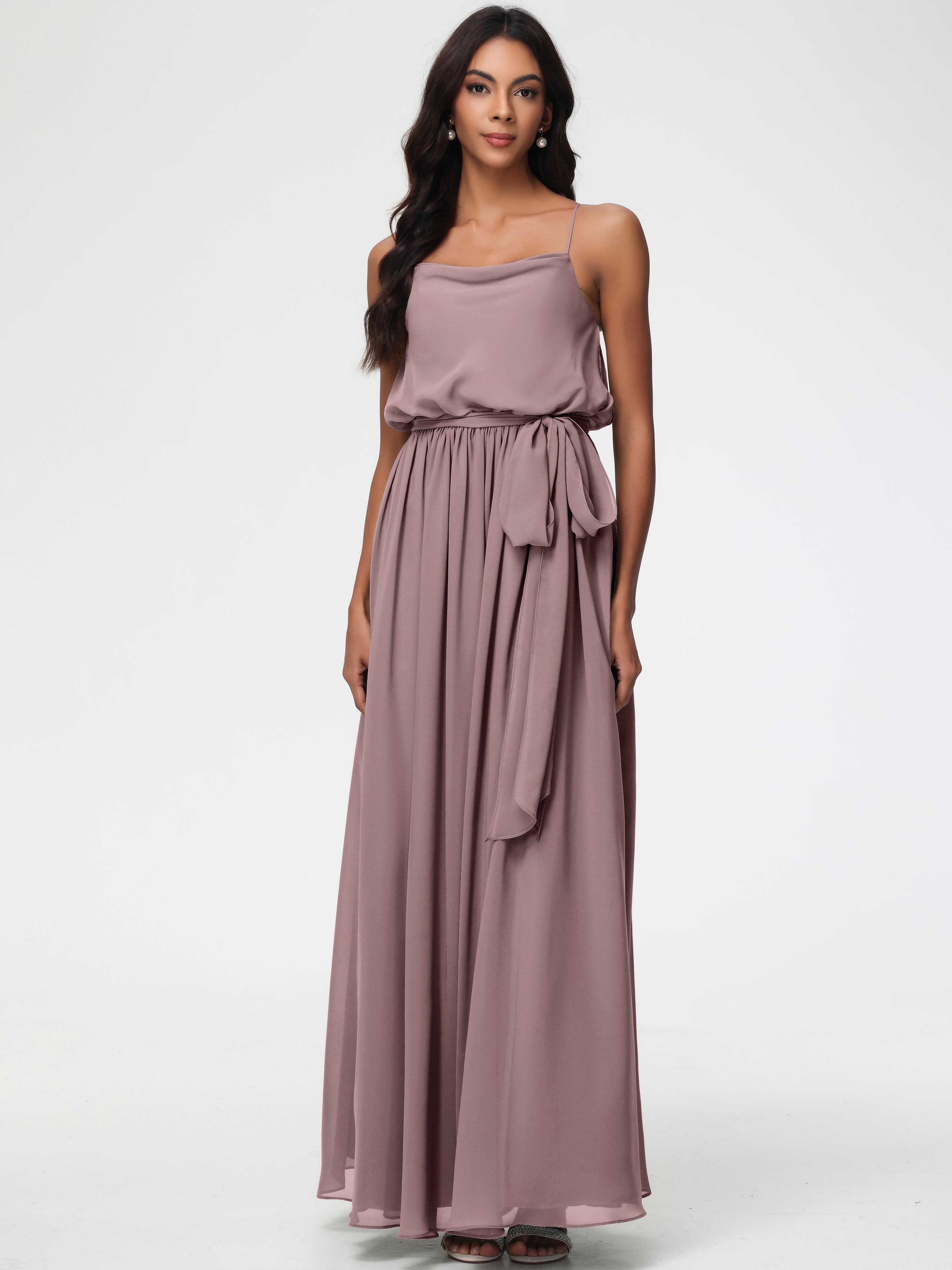 Robes De Demoiselle D'Honneur Mauve Foncé Bretelles Spaghetti Col Bénitier Trapèze Mousseline Robe Demoiselle D'Honneur