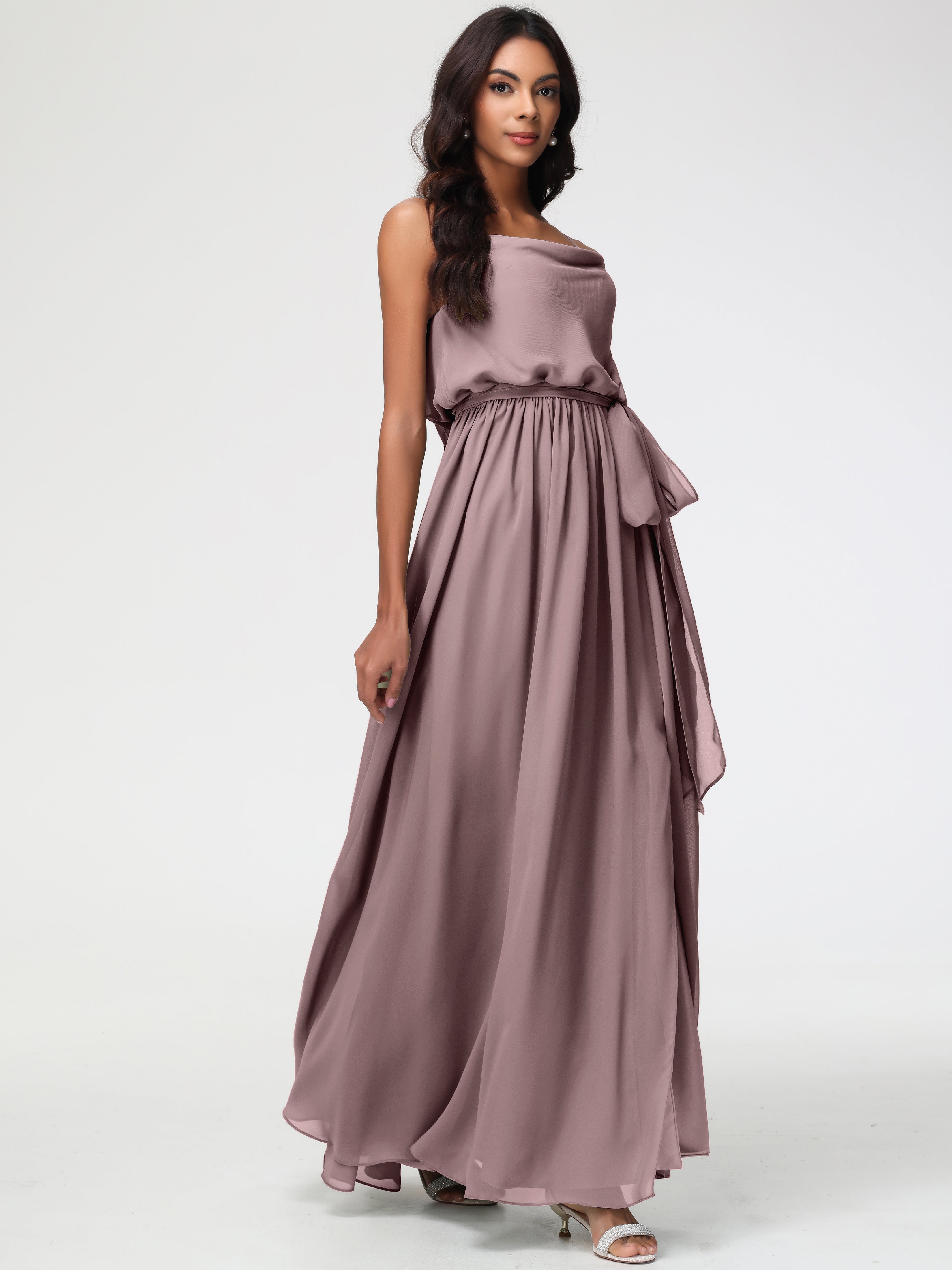 Robes De Demoiselle D'Honneur Mauve Foncé Bretelles Spaghetti Col Bénitier Trapèze Mousseline Robe Demoiselle D'Honneur
