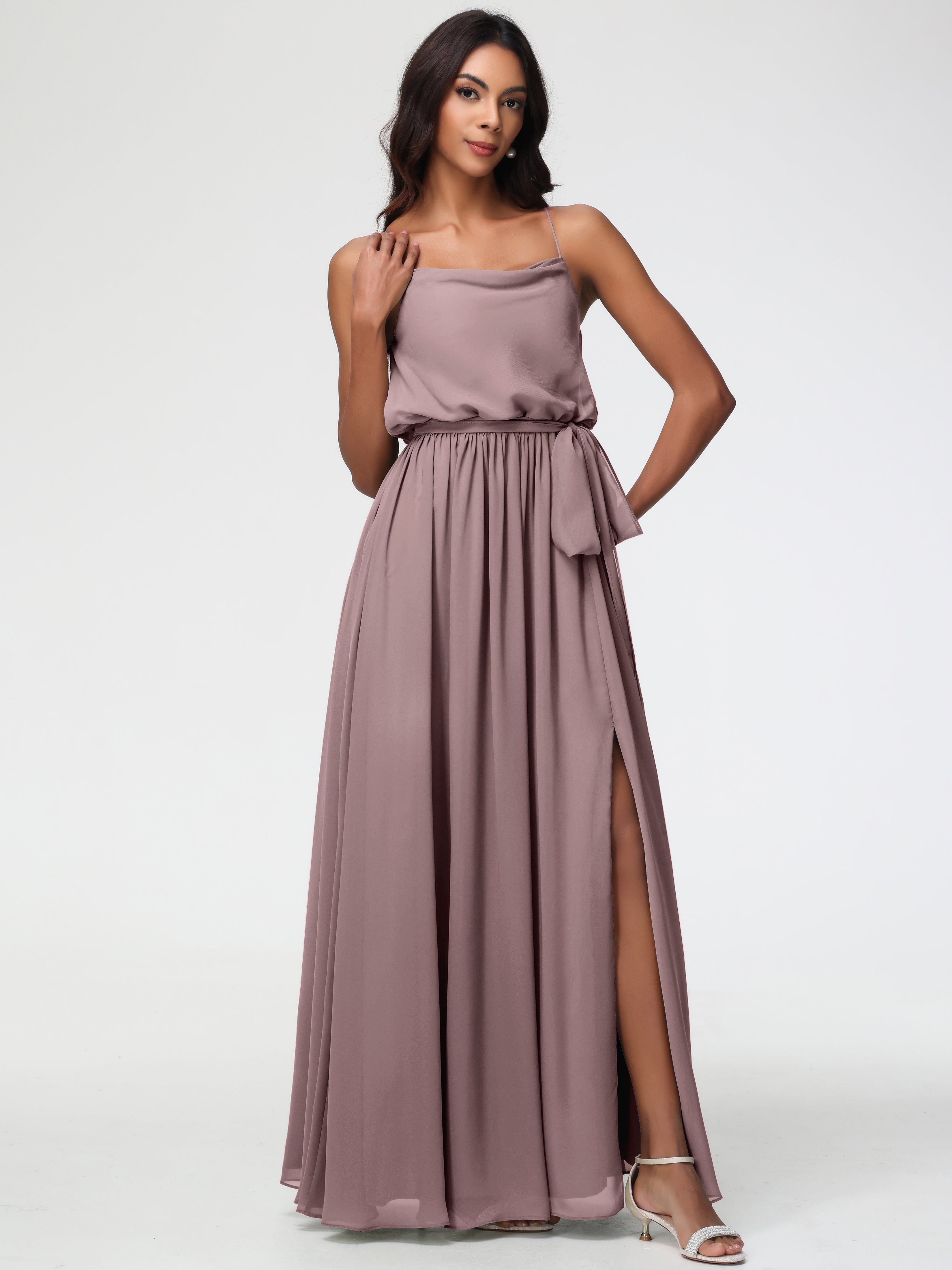 Robes De Demoiselle D'Honneur Mauve Foncé Bretelles Spaghetti Col Bénitier Trapèze Mousseline Robe Demoiselle D'Honneur