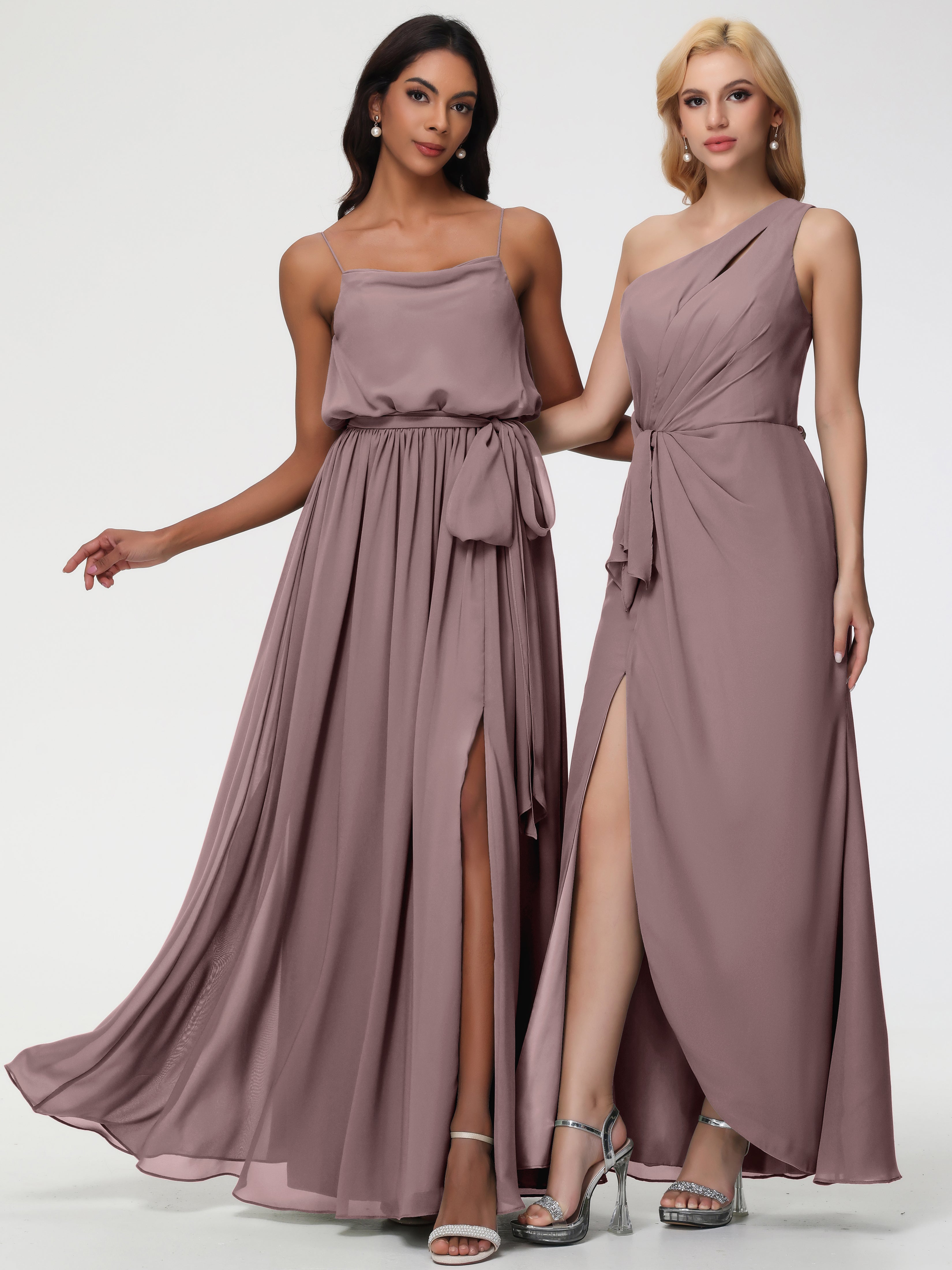Robes De Demoiselle D'Honneur Mauve Foncé Bretelles Spaghetti Col Bénitier Trapèze Mousseline Robe Demoiselle D'Honneur