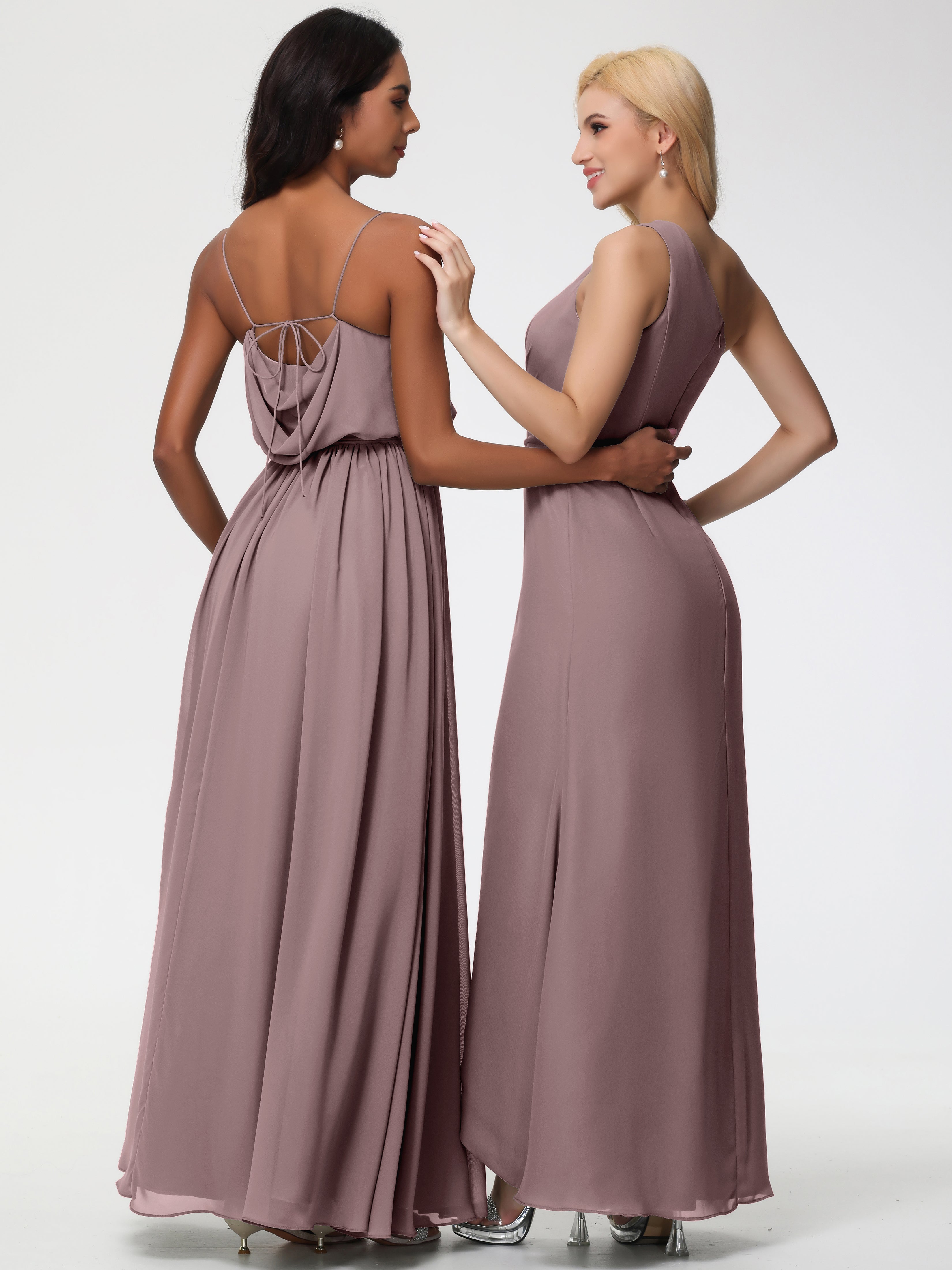 Robes De Demoiselle D'Honneur Mauve Foncé Bretelles Spaghetti Col Bénitier Trapèze Mousseline Robe Demoiselle D'Honneur