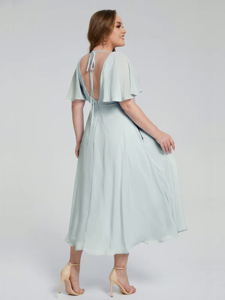 Robe Demoiselle D Honneur Vert Celadon Dos Nu Longueur De Thé Mousseline Robes Demoiselle D'Honneur Grande Taille