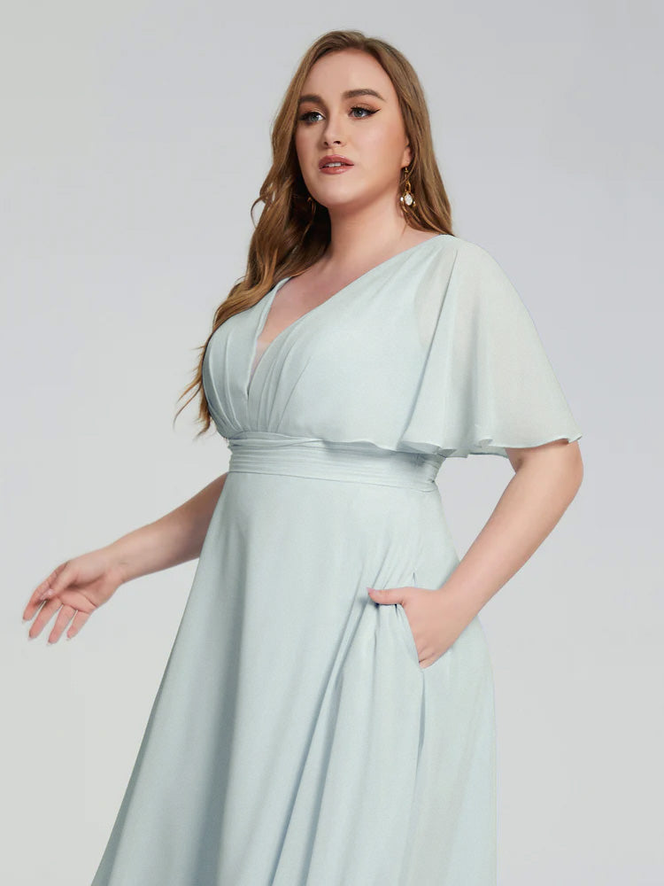 Robe Demoiselle D Honneur Vert Celadon Dos Nu Longueur De Thé Mousseline Robes Demoiselle D'Honneur Grande Taille