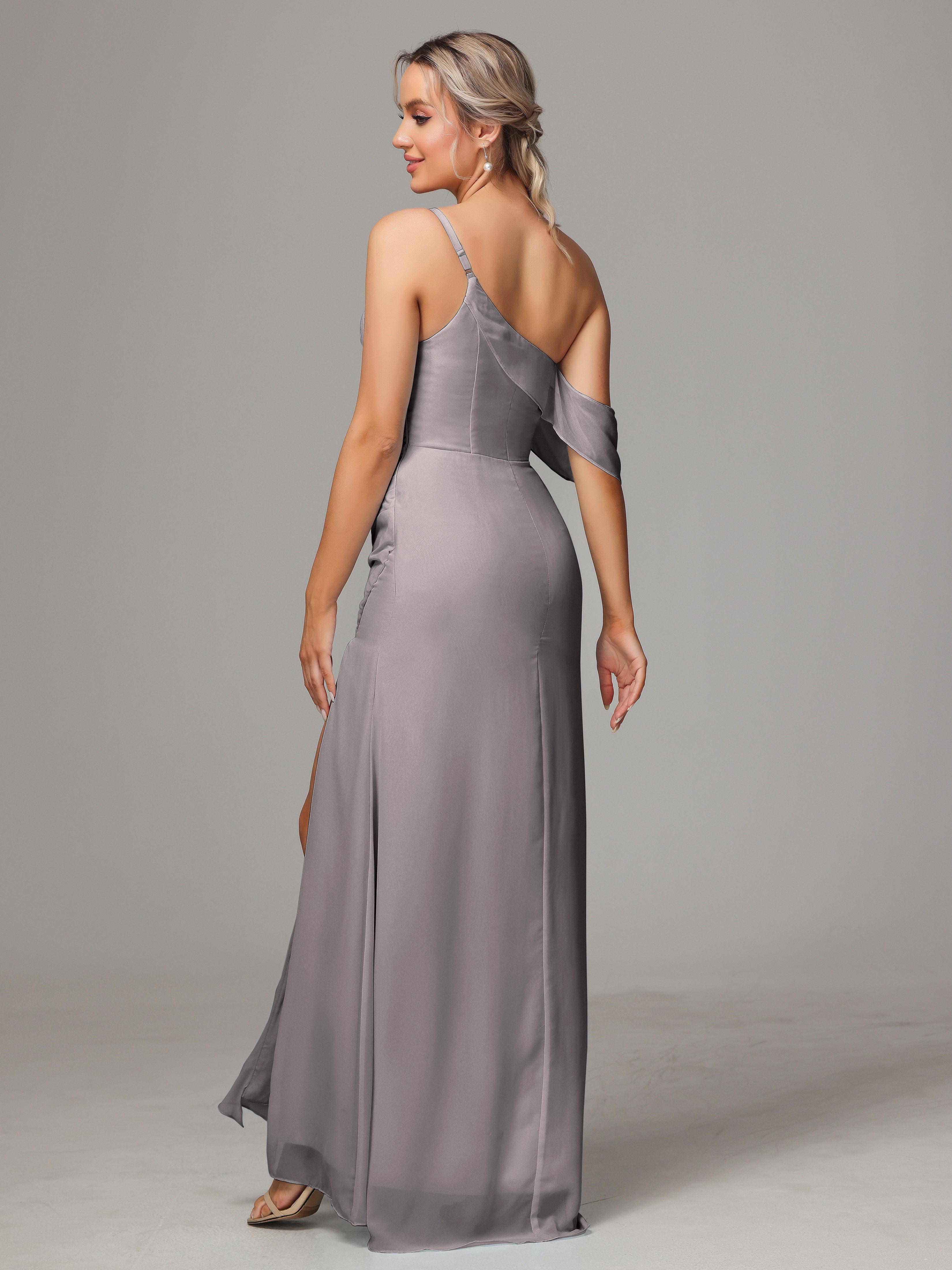 Robes De Demoiselle D'Honneur En Argent Trapèze Décolleté Asymétrique Mousseline Longue Robes Demoiselle D'Honneur