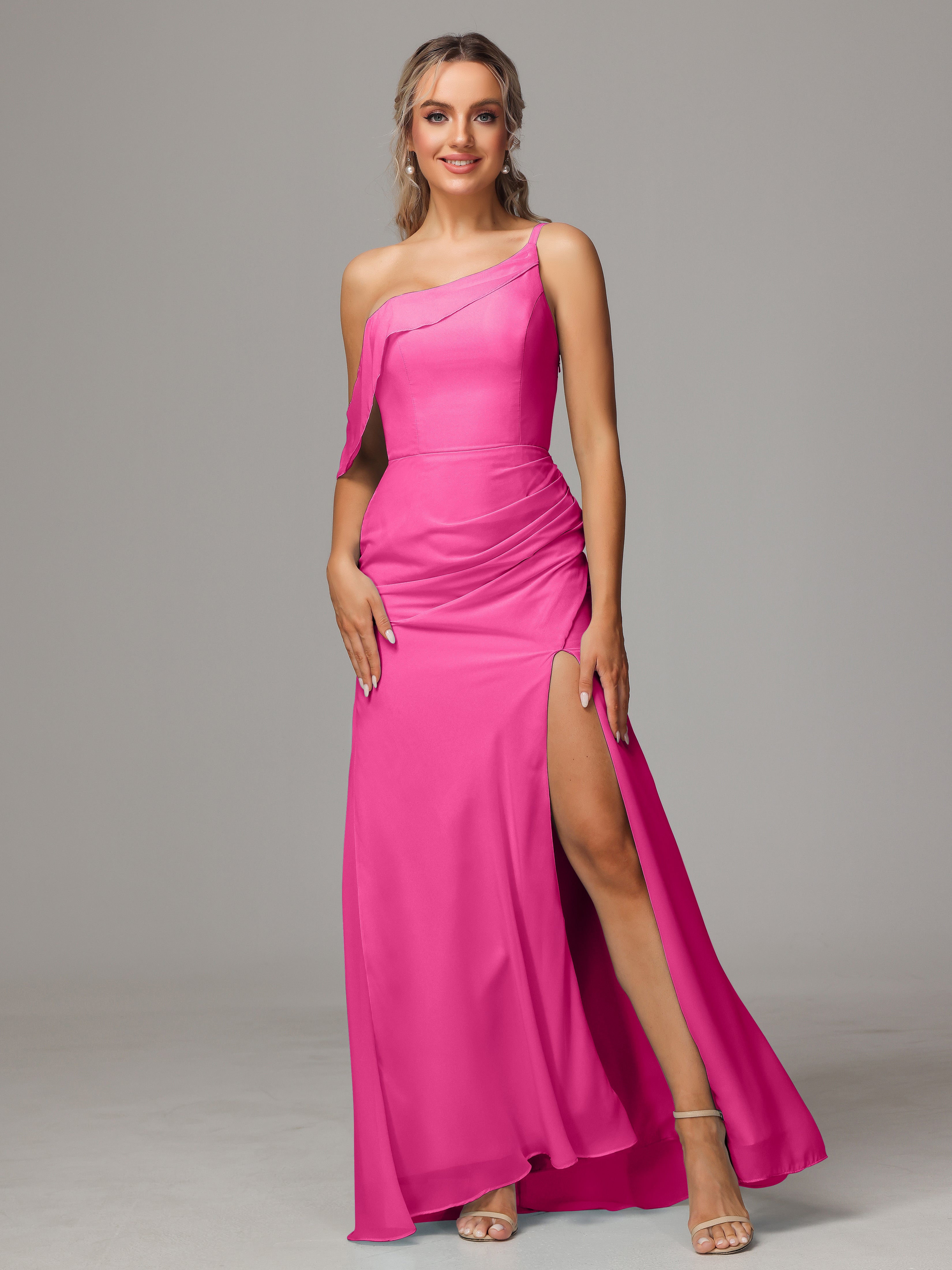 Robe Demoiselle D Honneur En Azalée Trapèze Décolleté Asymétrique Mousseline Longue Robes Demoiselle D'Honneur