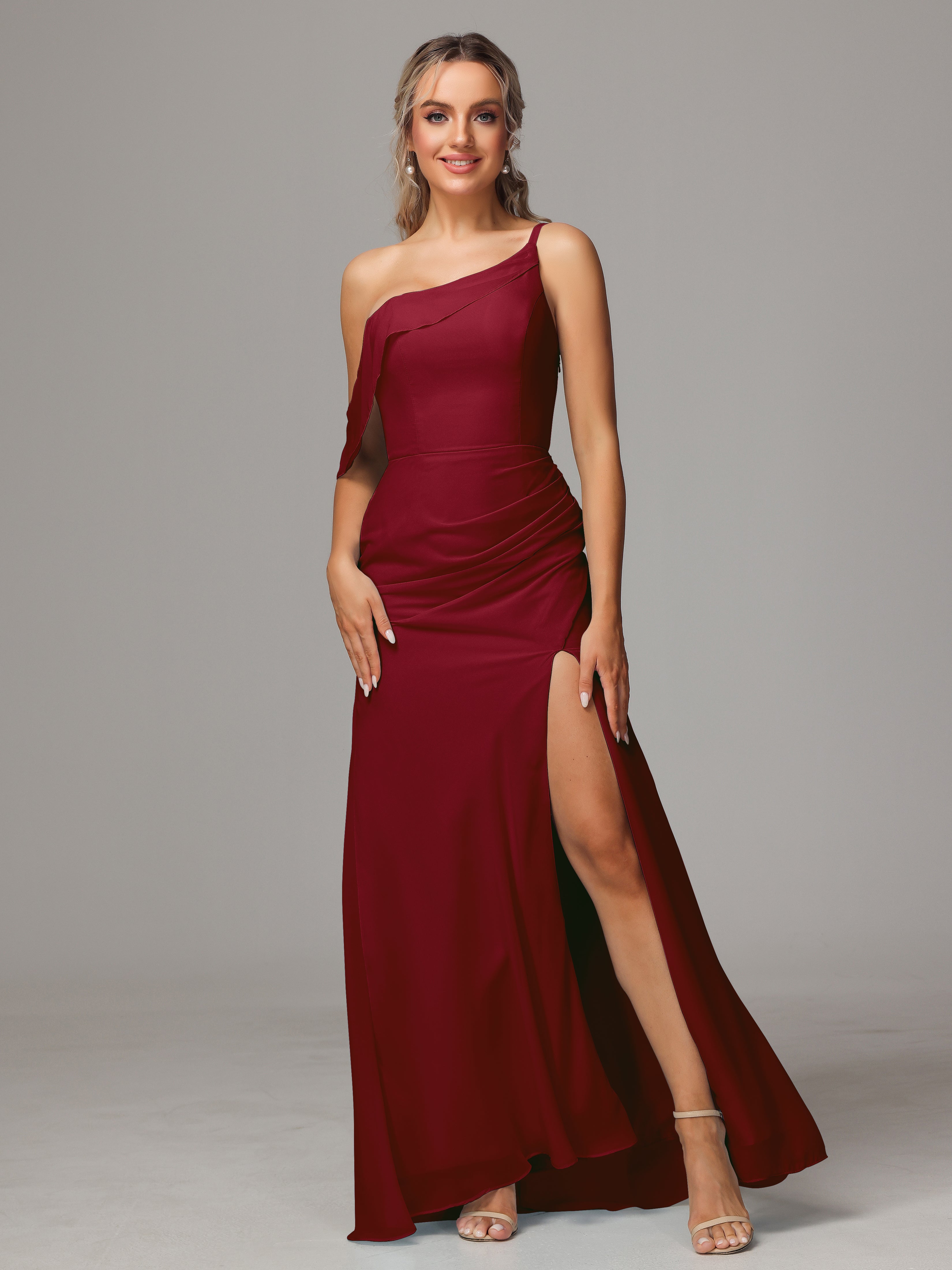 Robes Demoiselle D Honneur Bordeaux Trapèze Décolleté Asymétrique Mousseline Longue Robes Demoiselle D'Honneur