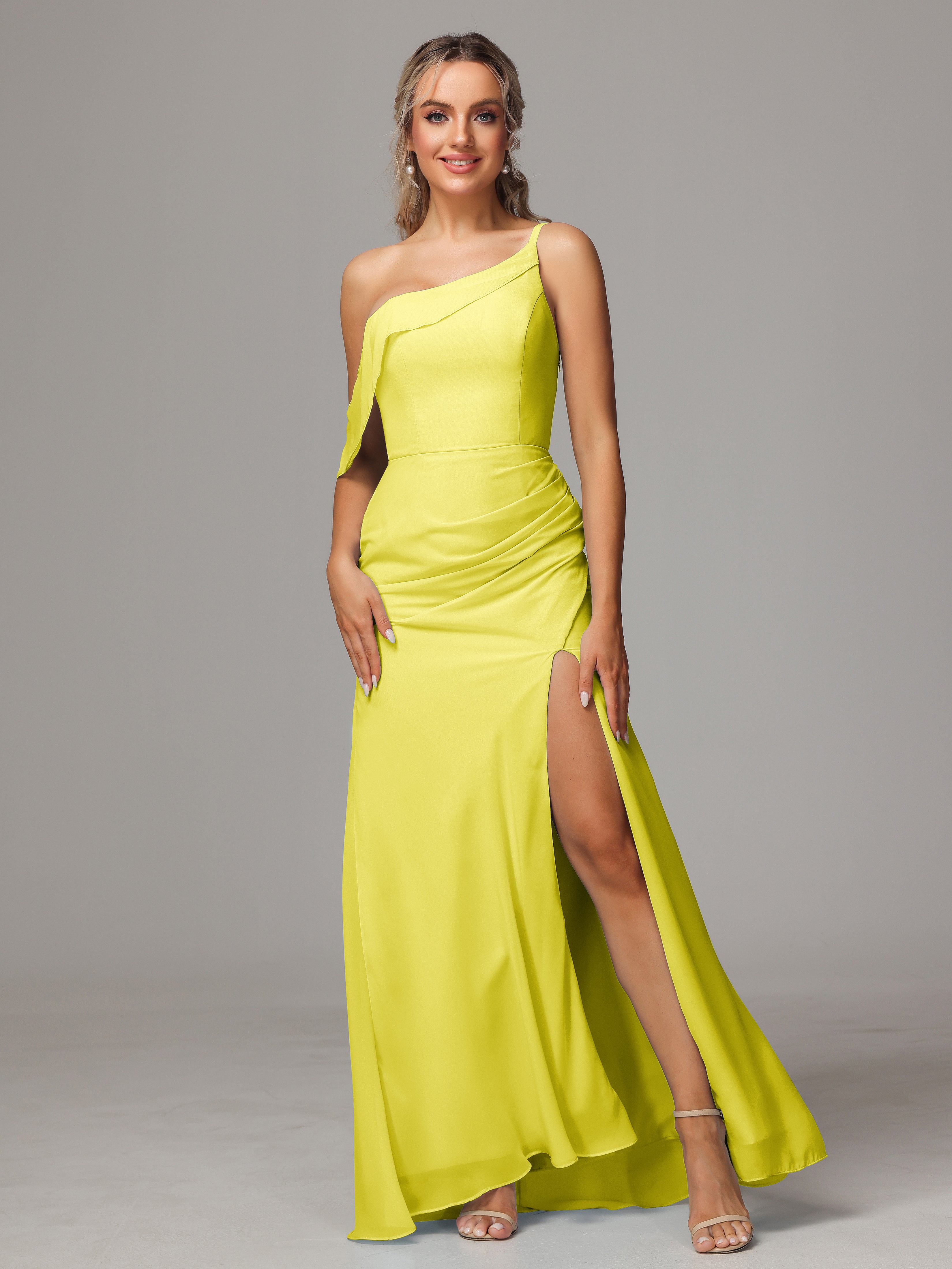 Robes De Demoiselle D'Honneur Citron Trapèze Décolleté Asymétrique Mousseline Longue Robes Demoiselle D'Honneur