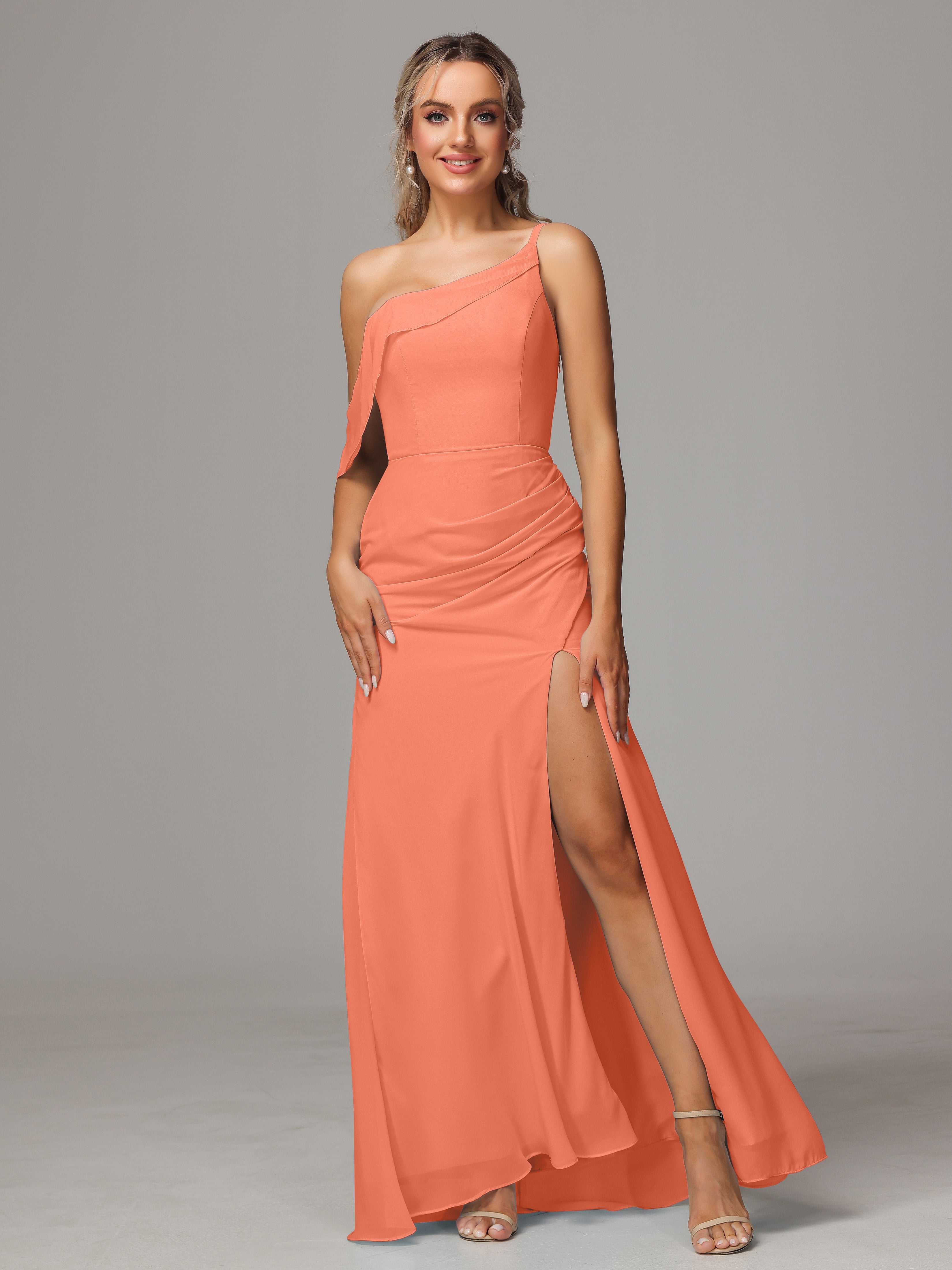 Robes De Demoiselle D'Honneur Coucher De Soleil Trapèze Décolleté Asymétrique Mousseline Longue Robes Demoiselle D'Honneur