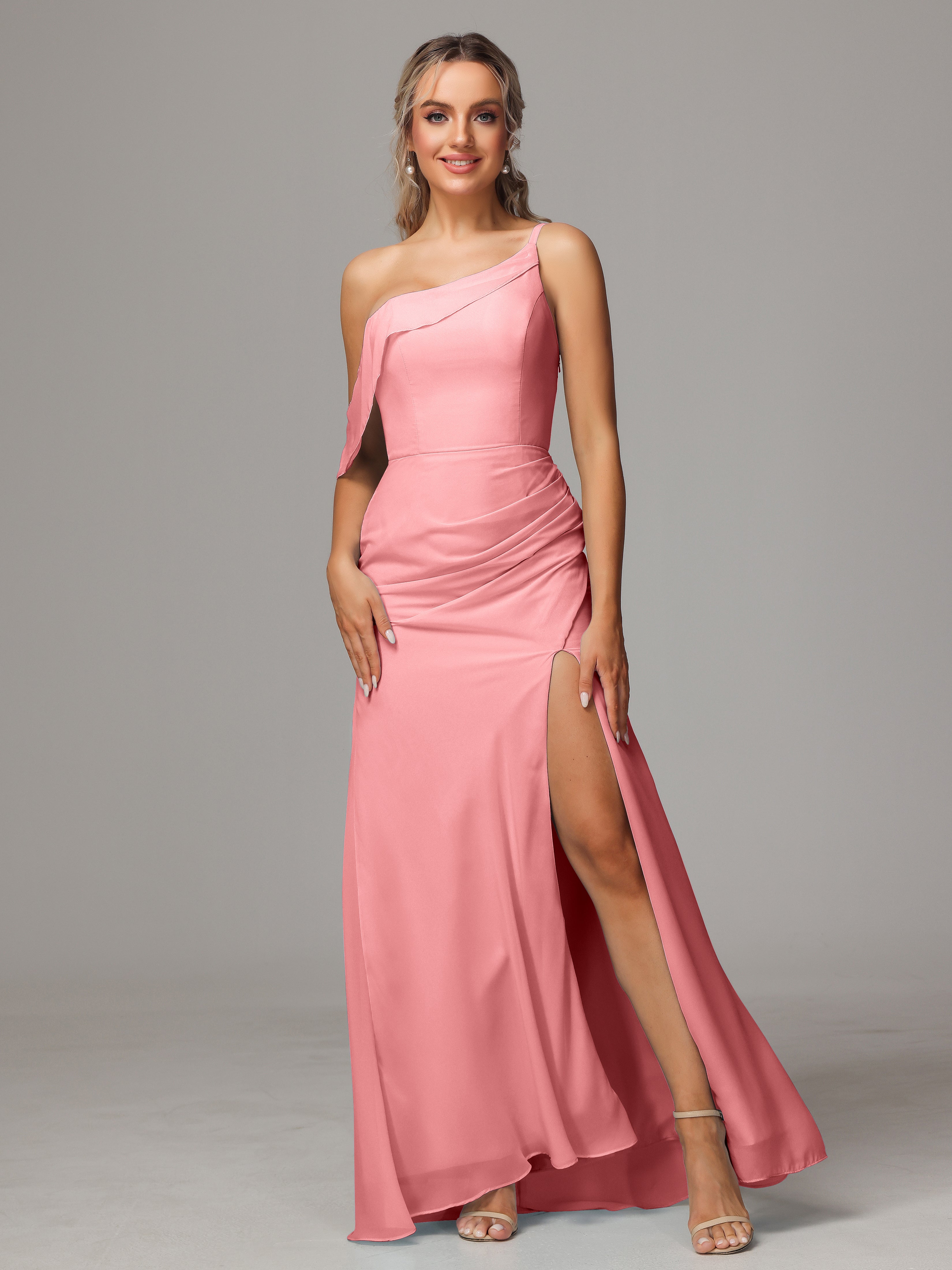 Robes De Demoiselle D'Honneur En Flamant Trapèze Décolleté Asymétrique Mousseline Longue Robes Demoiselle D'Honneur