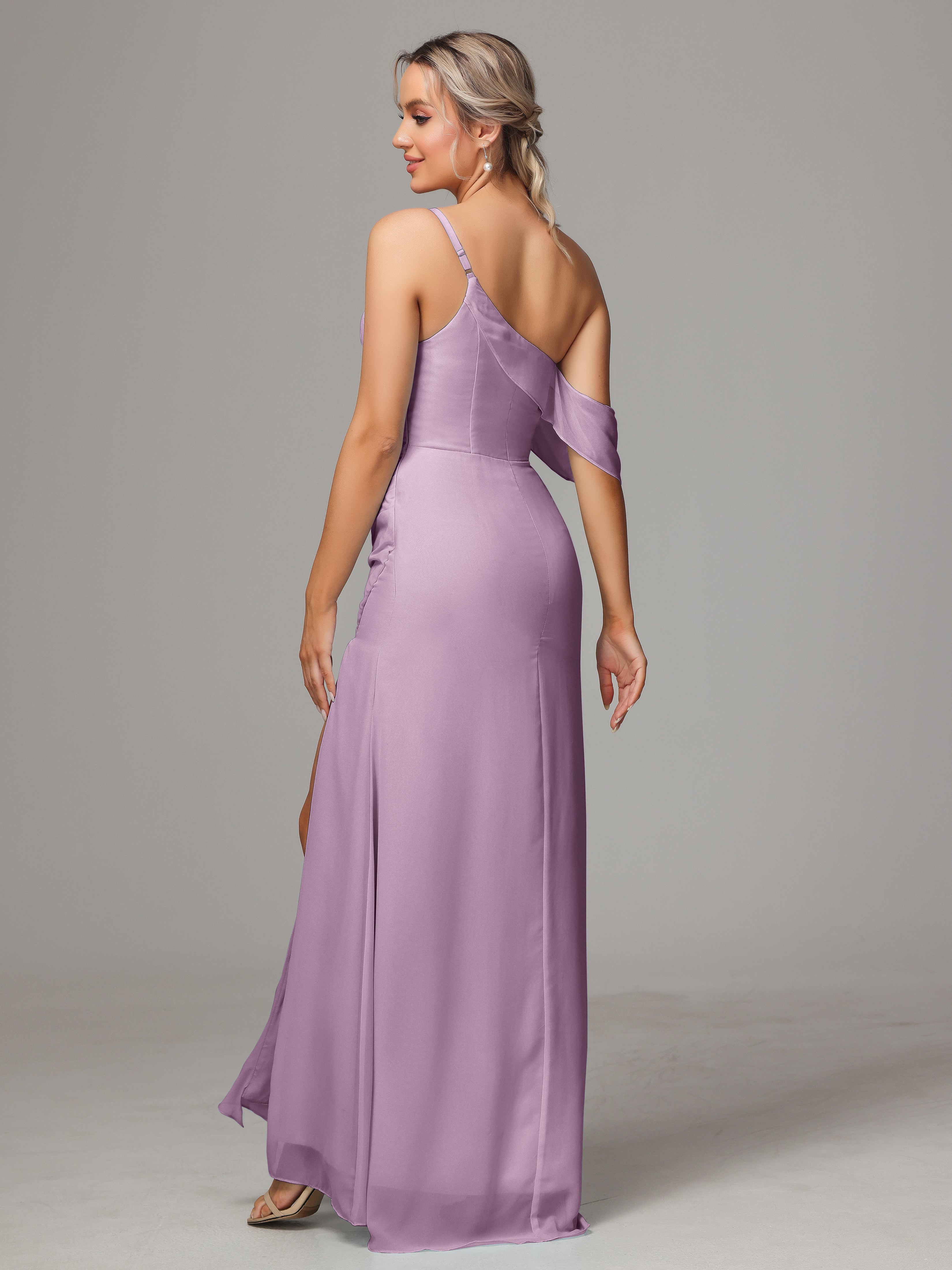 Robes De Demoiselle D'Honneur Glycine Trapèze Décolleté Asymétrique Mousseline Longue Robes Demoiselle D'Honneur