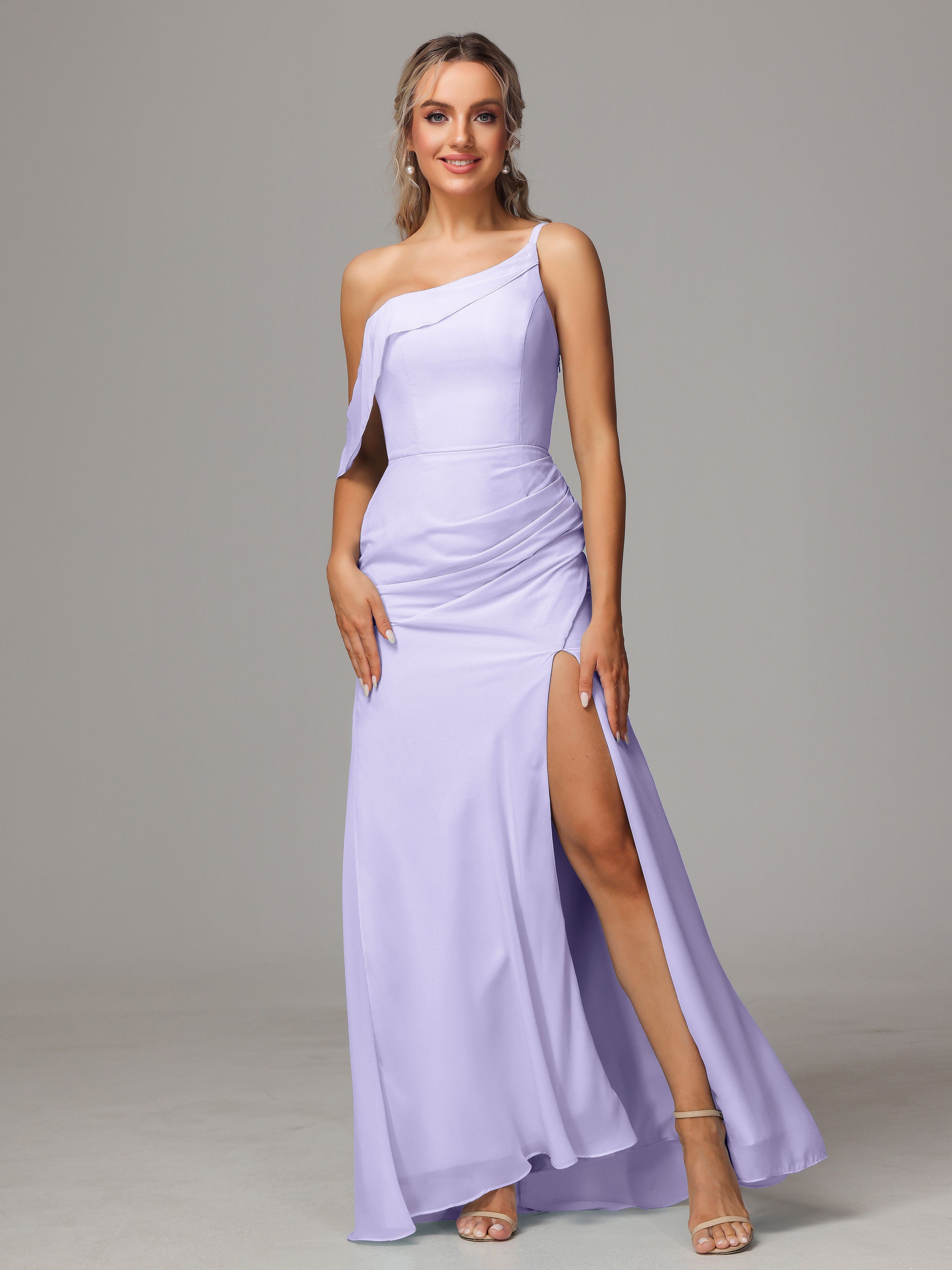 Robe Demoiselle D Honneur Lilas Trapèze Décolleté Asymétrique Mousseline Longue Robes Demoiselle D'Honneur