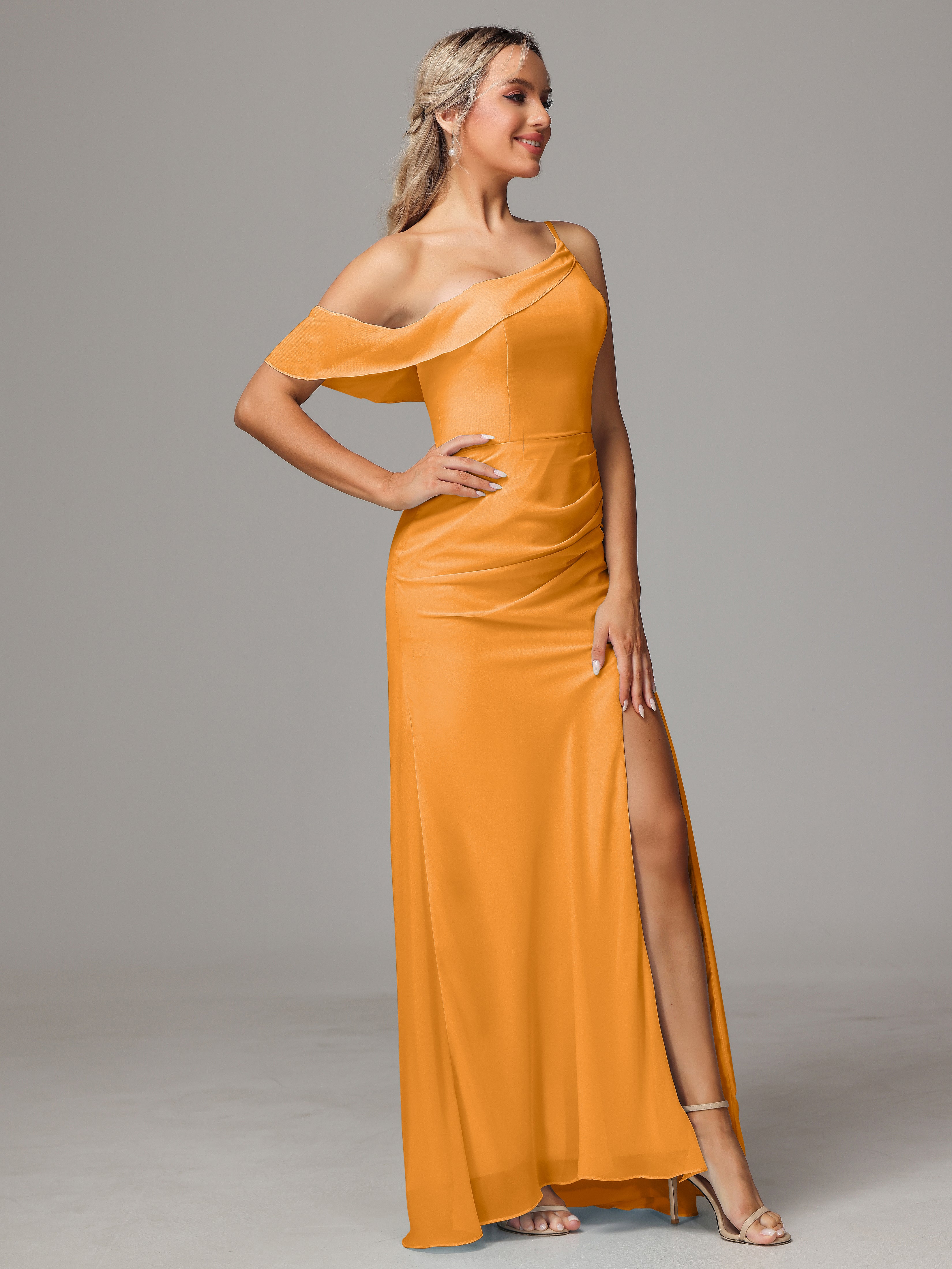 Robes De Demoiselle D'Honneur Mandarine Trapèze Décolleté Asymétrique Mousseline Longue Robes Demoiselle D'Honneur