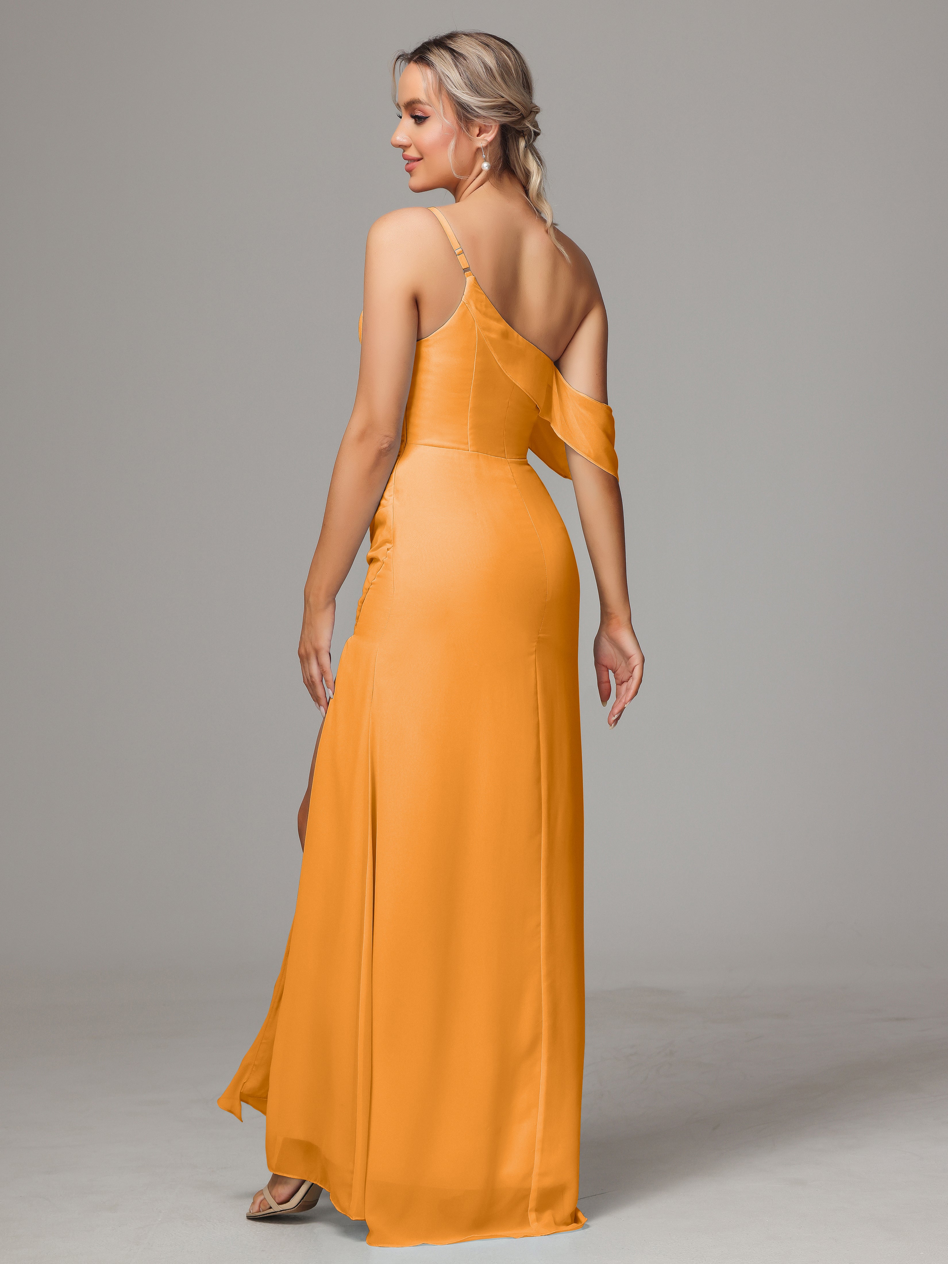 Robes De Demoiselle D'Honneur Mandarine Trapèze Décolleté Asymétrique Mousseline Longue Robes Demoiselle D'Honneur