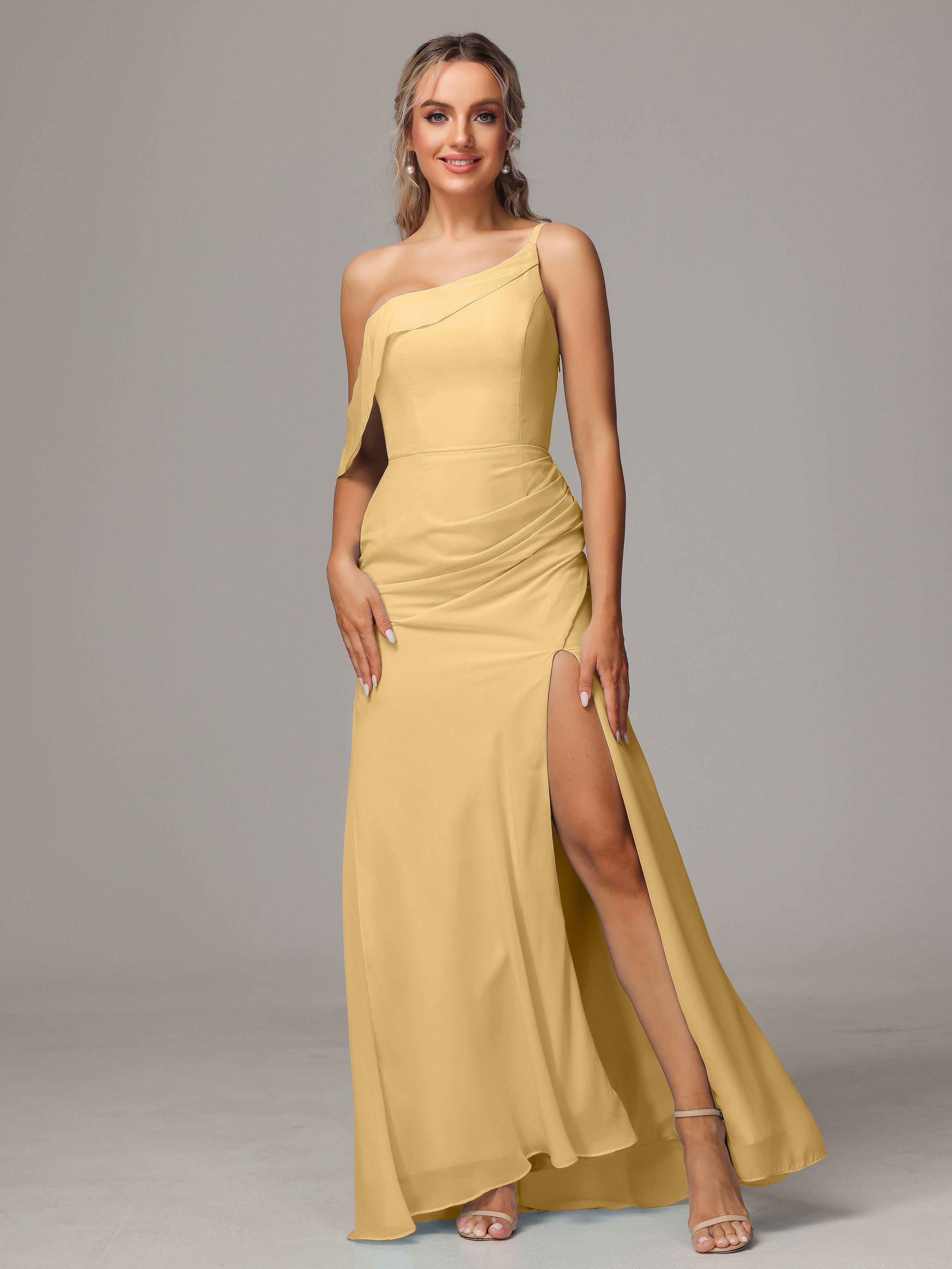 Robe Demoiselle D Honneur Dore Trapèze Décolleté Asymétrique Mousseline Longue Robes Demoiselle D'Honneur