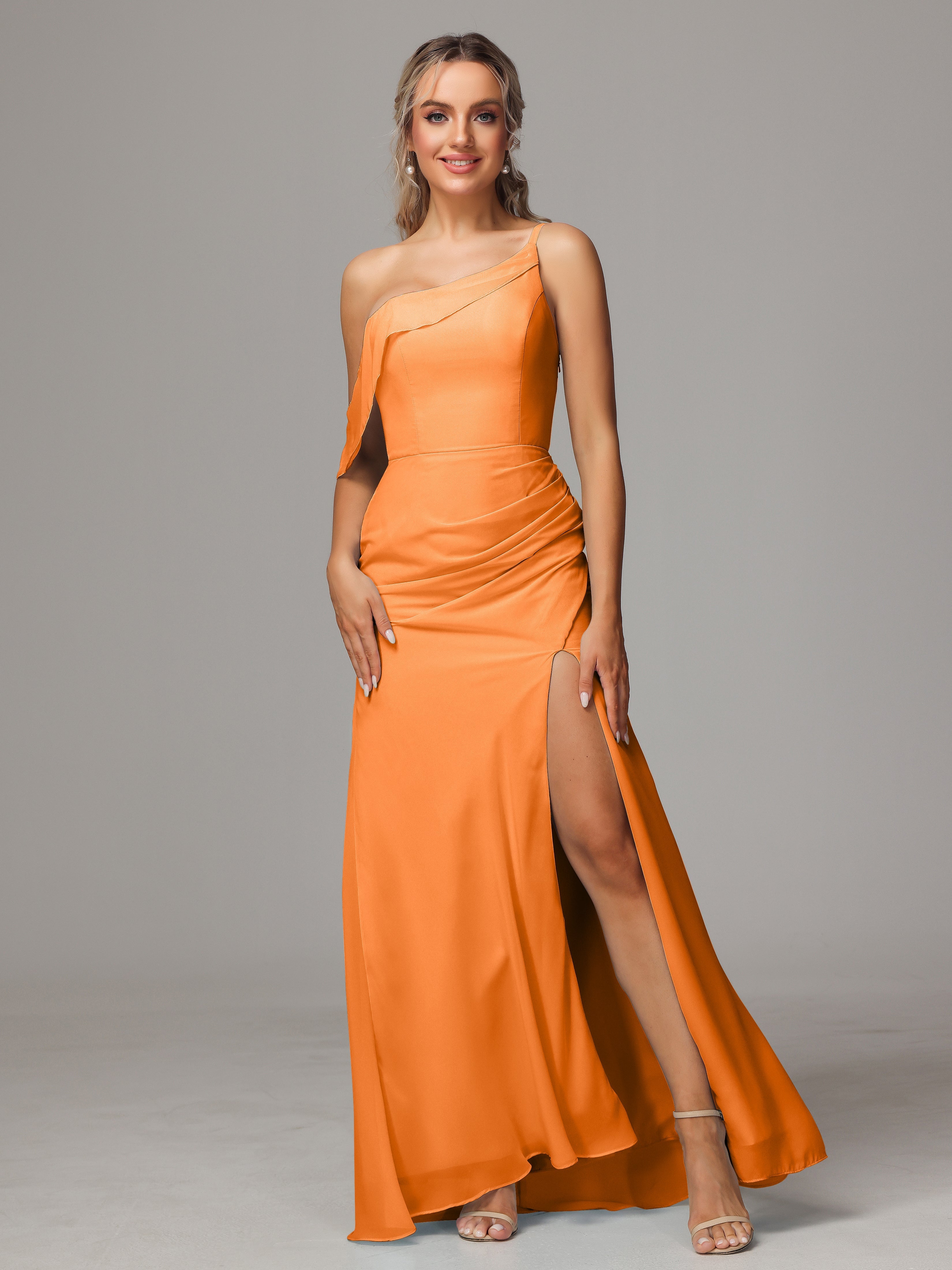 Robe Orange Demoiselle D Honneur Trapèze Décolleté Asymétrique Mousseline Longue Robes Demoiselle D'Honneur