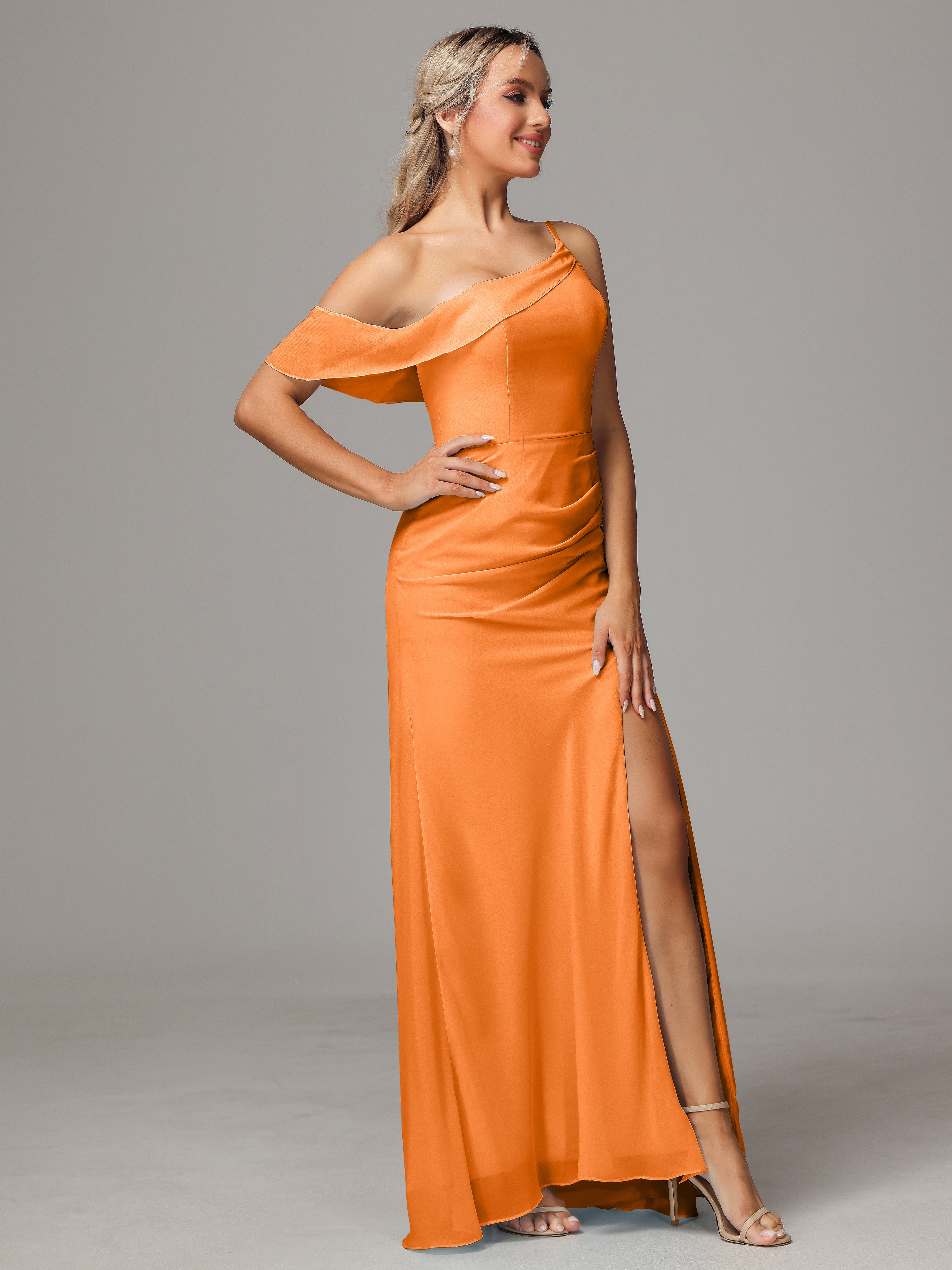 Robe Orange Demoiselle D Honneur Trapèze Décolleté Asymétrique Mousseline Longue Robes Demoiselle D'Honneur