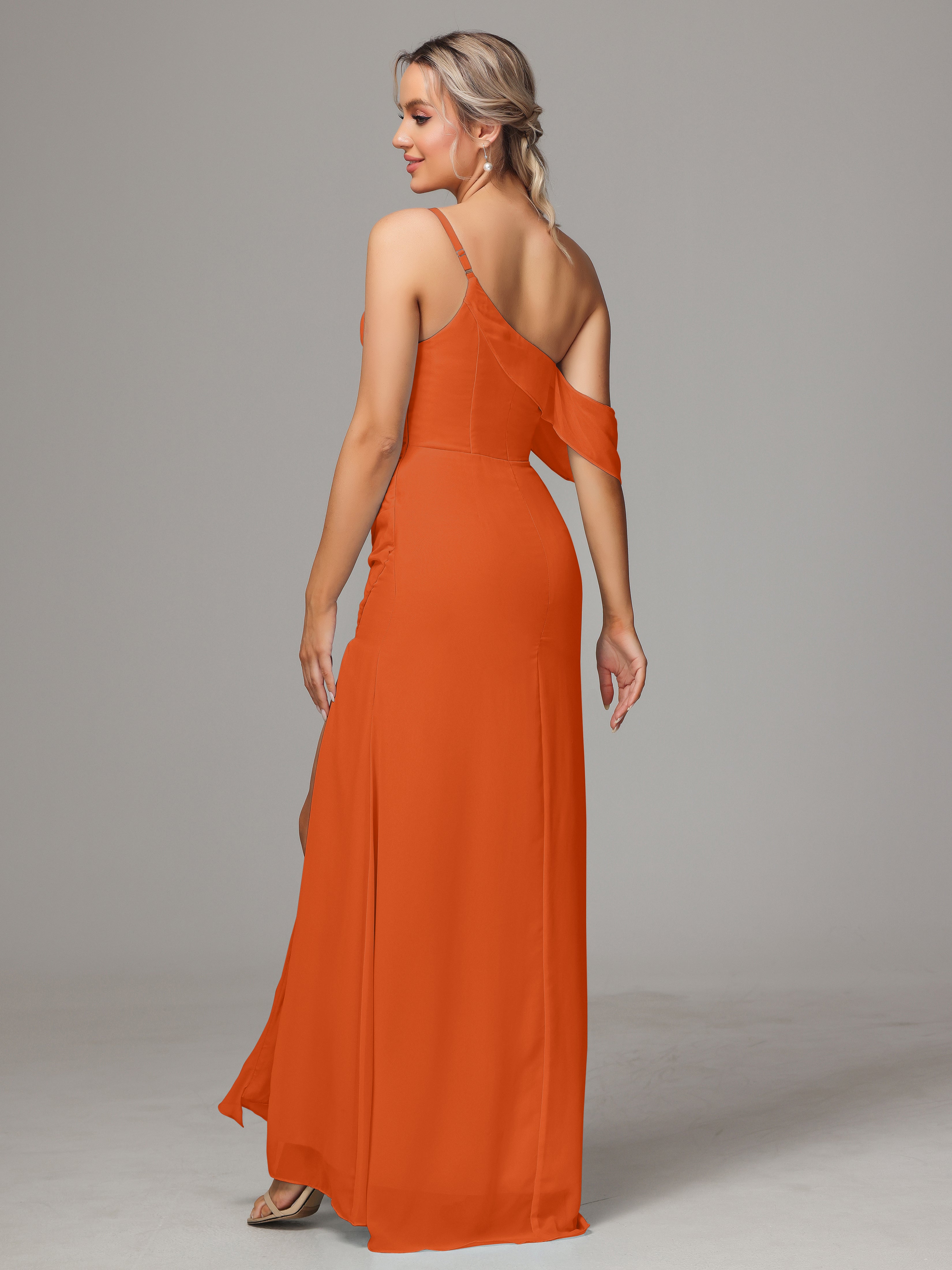 Robes De Demoiselle D'Honneur Orange Foncé Trapèze Décolleté Asymétrique Mousseline Longue Robes Demoiselle D'Honneur