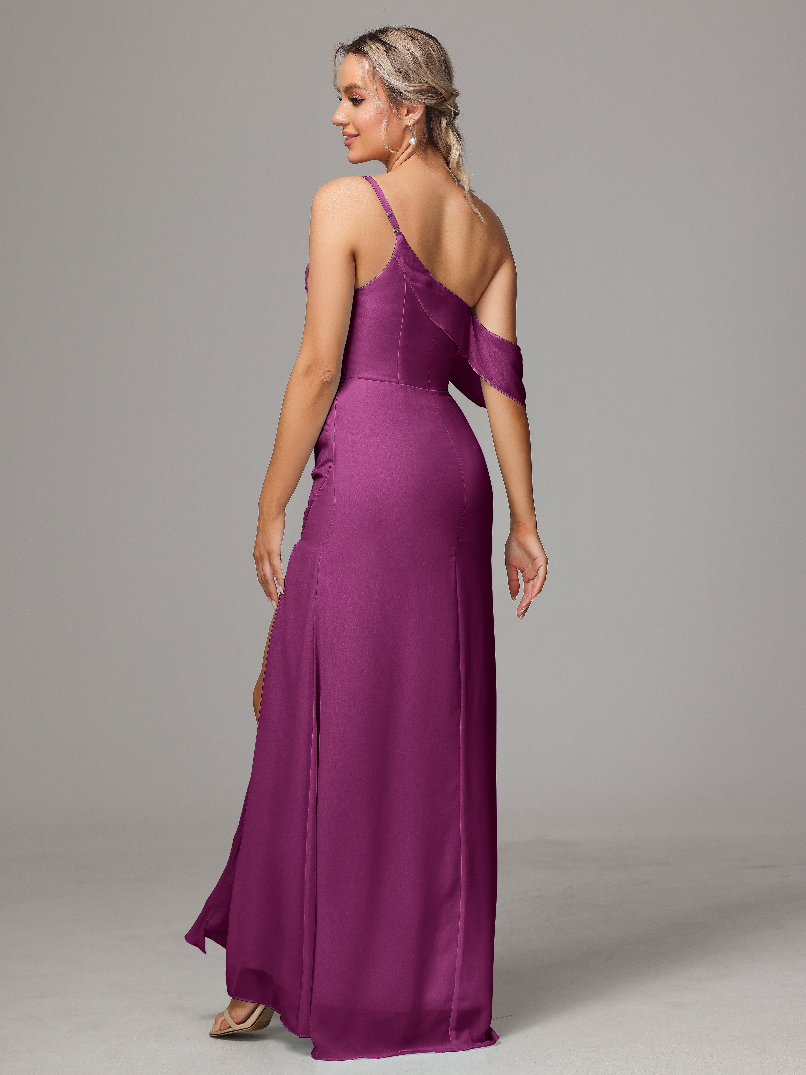 Robes De Demoiselle D'Honneur Orchidée Trapèze Décolleté Asymétrique Mousseline Longue Robes Demoiselle D'Honneur