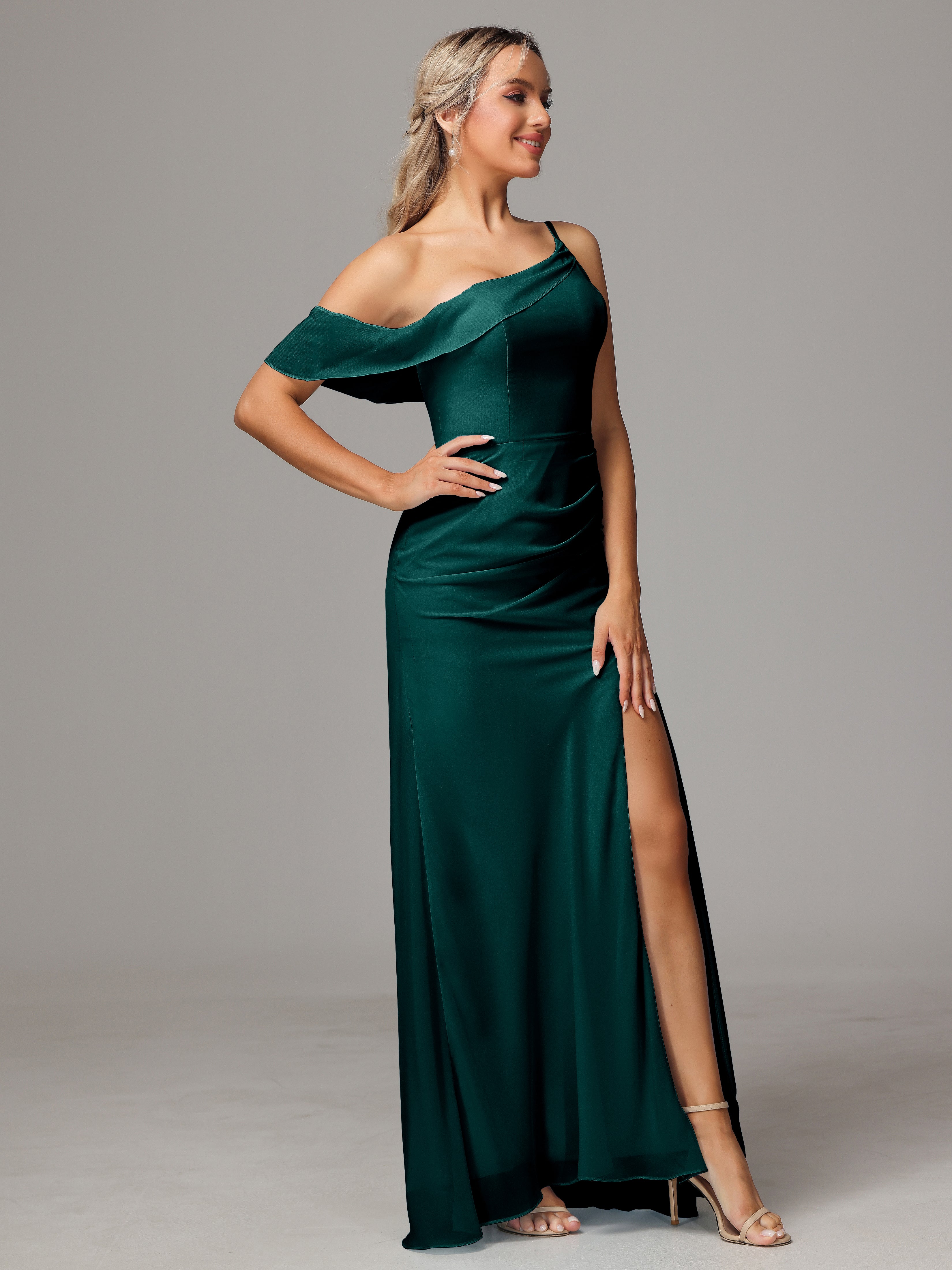 Robes De Demoiselle D'Honneur Couleur Paon Trapèze Décolleté Asymétrique Mousseline Longue Robes Demoiselle D'Honneur