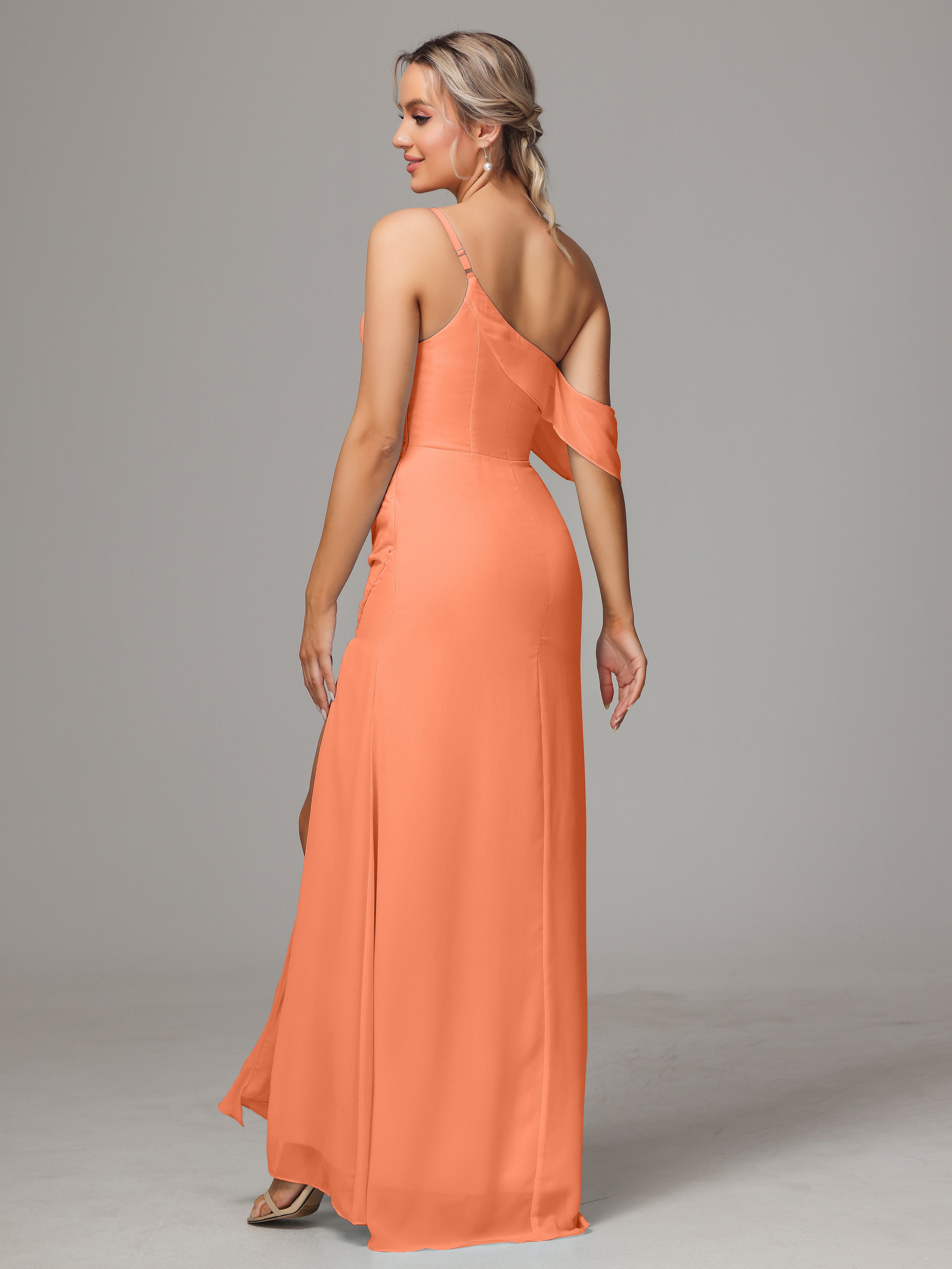 Robes De Demoiselle D'Honneur Papaye Trapèze Décolleté Asymétrique Mousseline Longue Robes Demoiselle D'Honneur