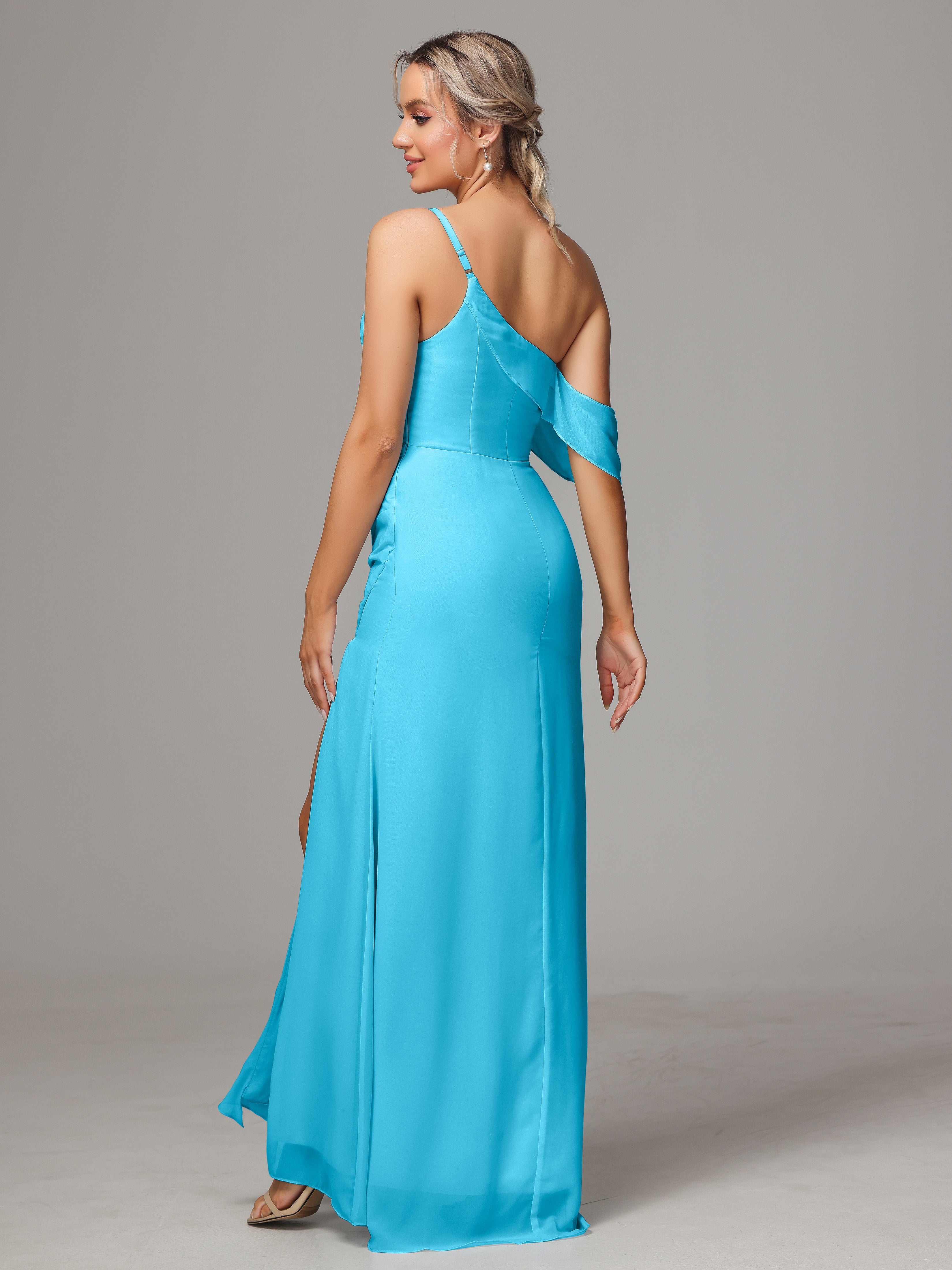 Robe De Demoiselle D'Honneur En Piscine Trapèze Décolleté Asymétrique Mousseline Longue Robes Demoiselle D'Honneur