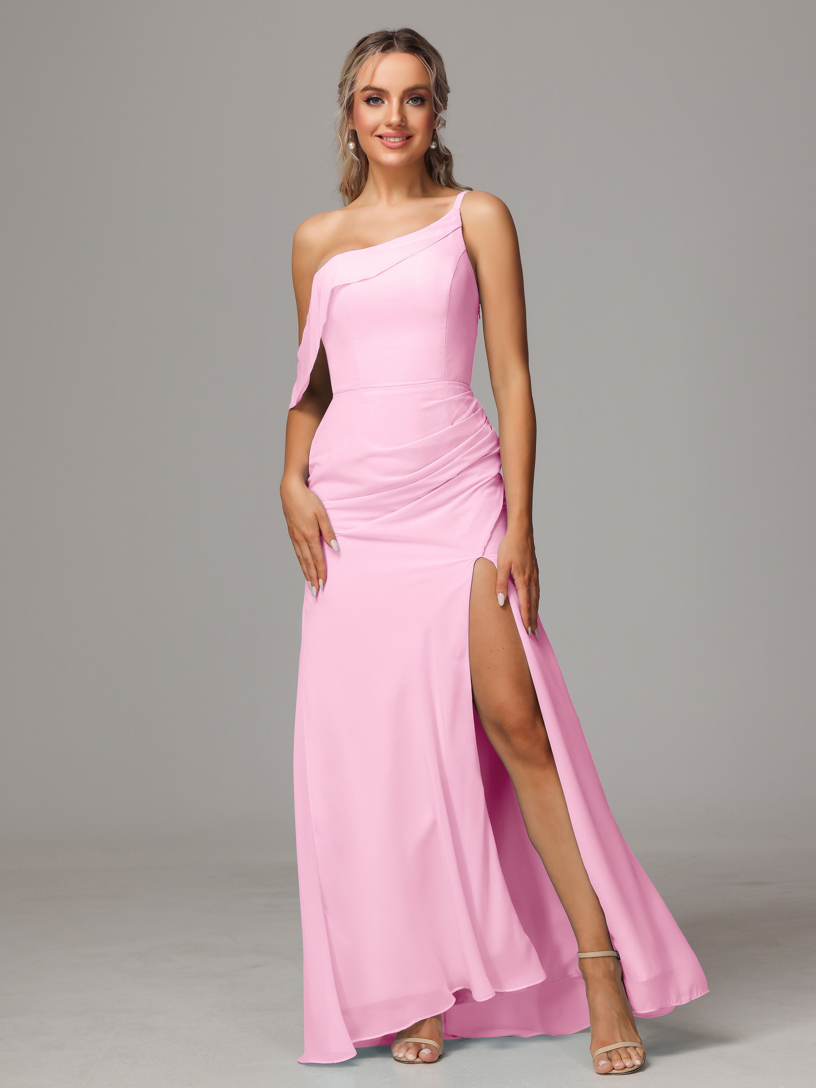 Robe Demoiselle D Honneur Rose Bonbon Trapèze Décolleté Asymétrique Mousseline Longue Robes Demoiselle D'Honneur