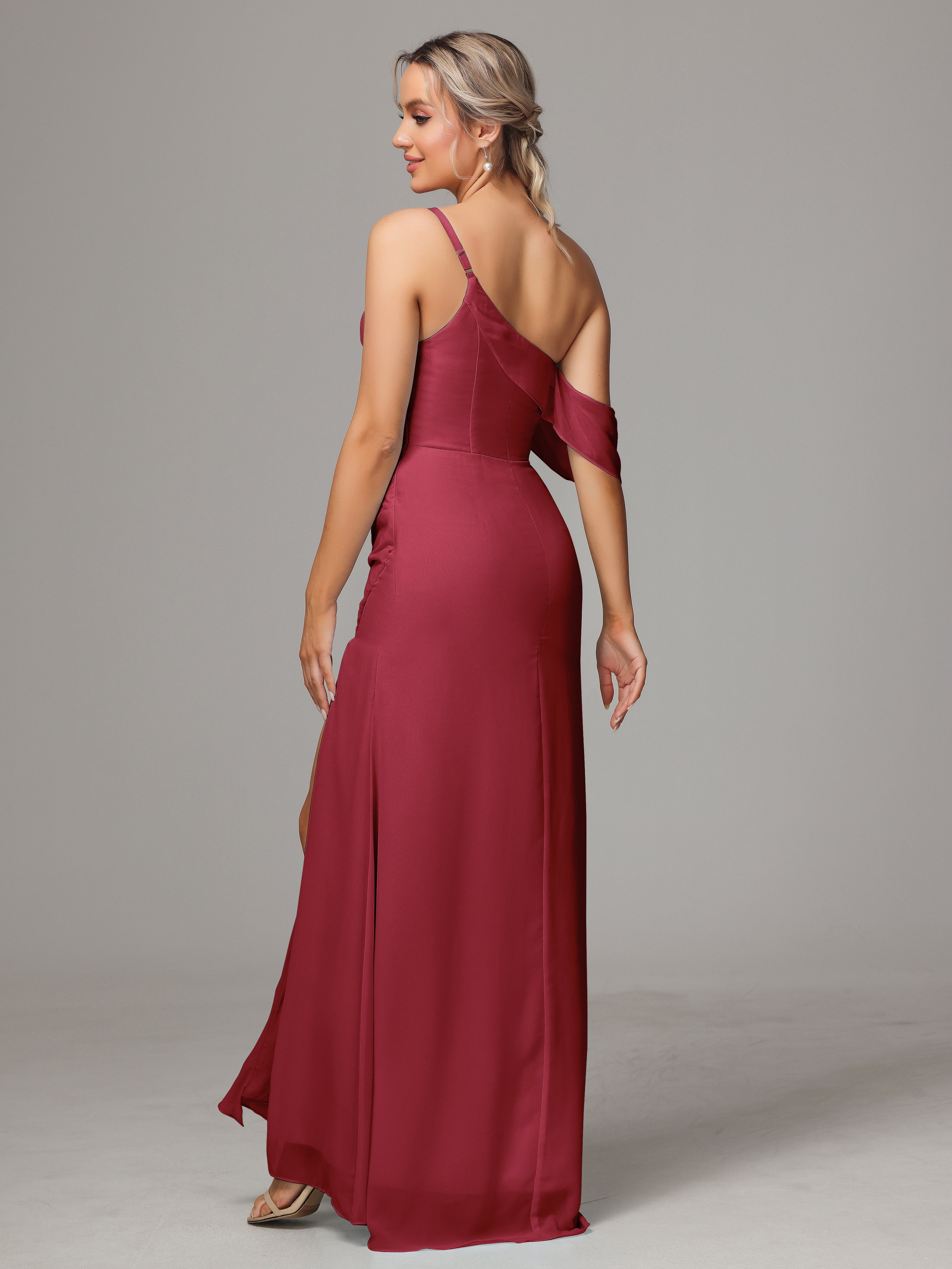 Robes De Demoiselle D'Honneur Rose Cannelle Trapèze Décolleté Asymétrique Mousseline Longue Robes Demoiselle D'Honneur