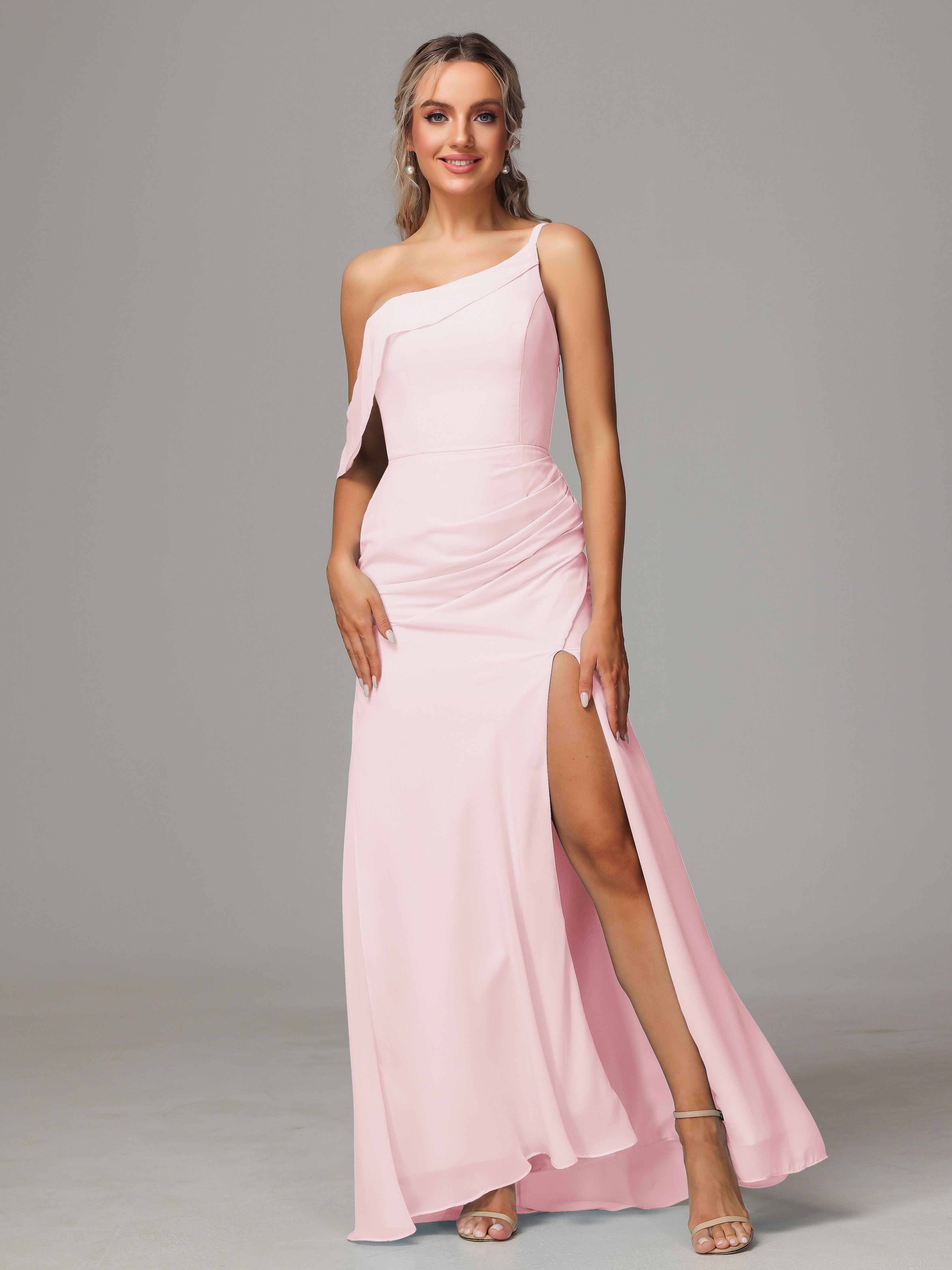 Rose Pale Robe Demoiselle D Honneur Trapèze Décolleté Asymétrique Mousseline Longue Robes Demoiselle D'Honneur