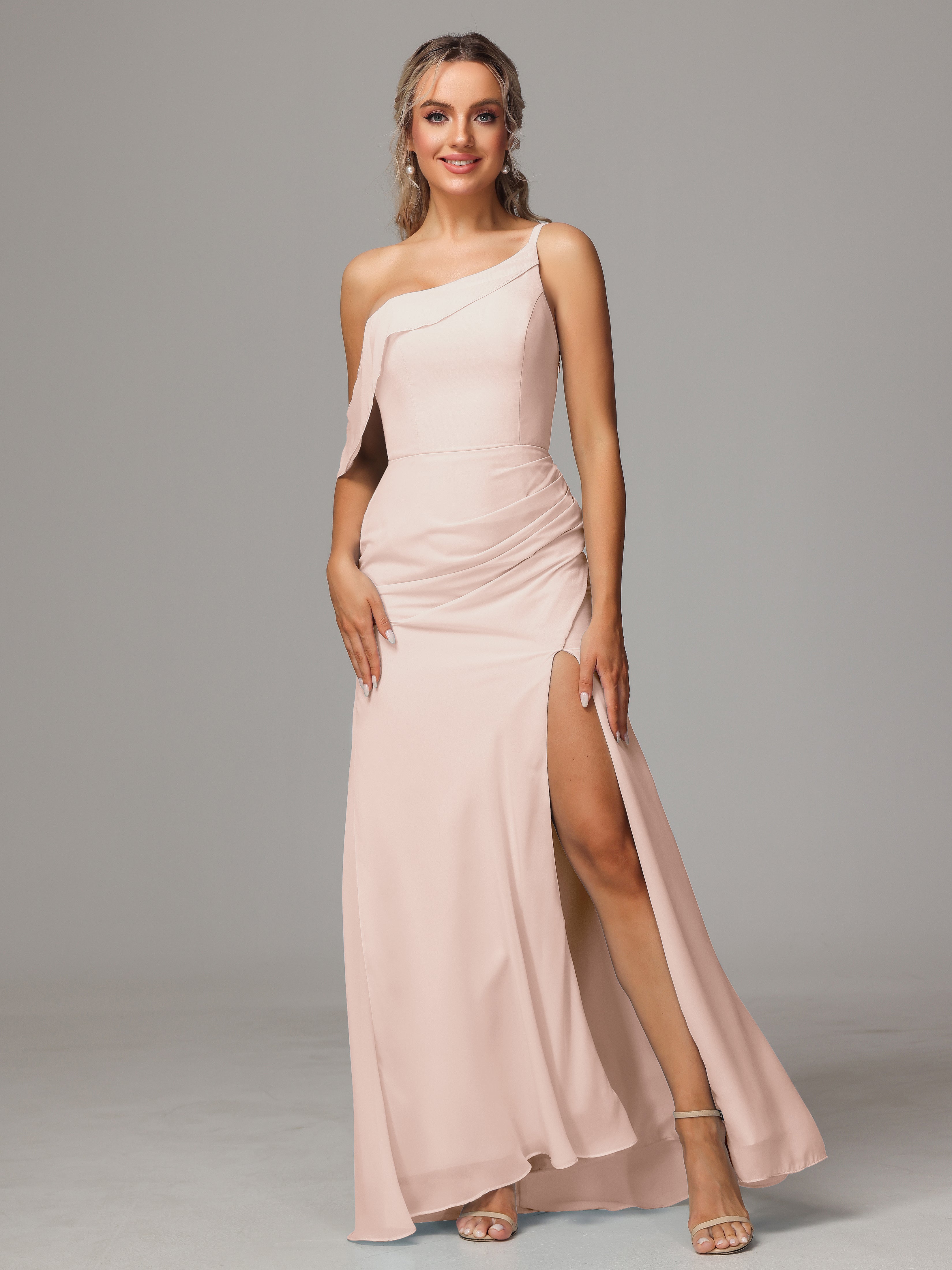 Robe Demoiselle D Honneur Rose Perle Trapèze Décolleté Asymétrique Mousseline Longue Robes Demoiselle D'Honneur