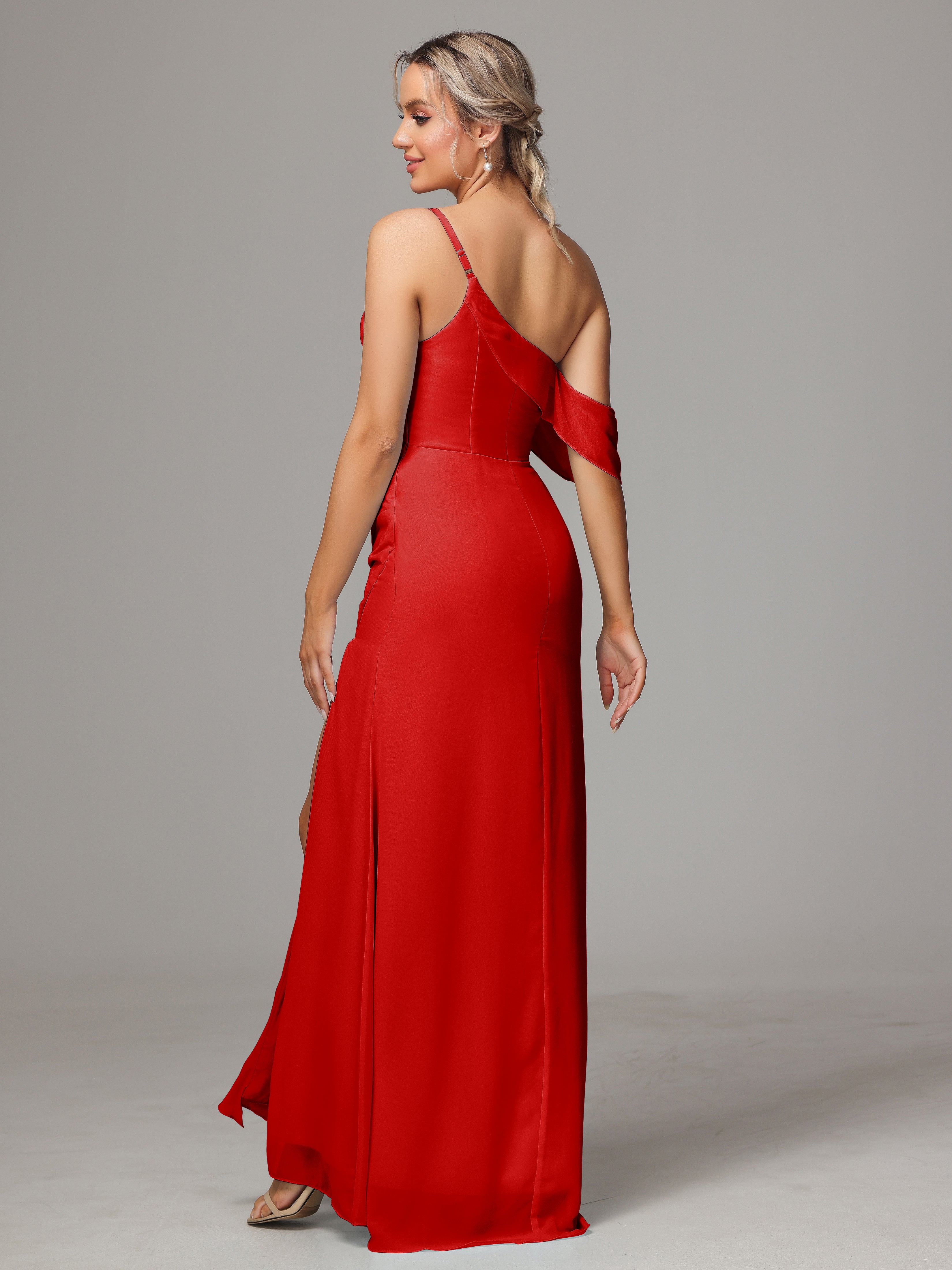 Robe Rouge De Demoiselle D Honneur Trapèze Décolleté Asymétrique Mousseline Longue Robes Demoiselle D'Honneur