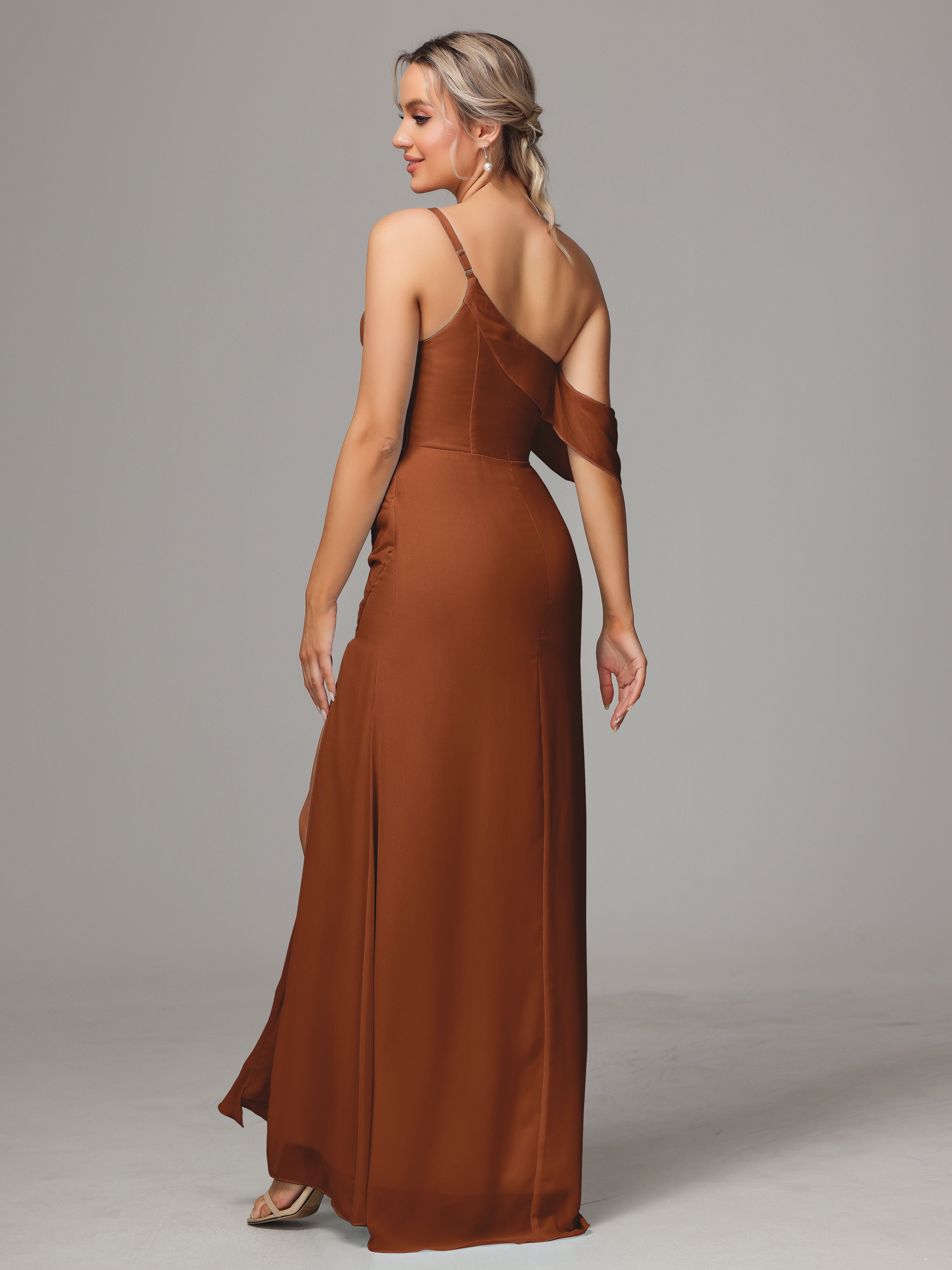 Demoiselle Robe Terracotta Mariage Trapèze Décolleté Asymétrique Mousseline Longue Robes Demoiselle D'Honneur