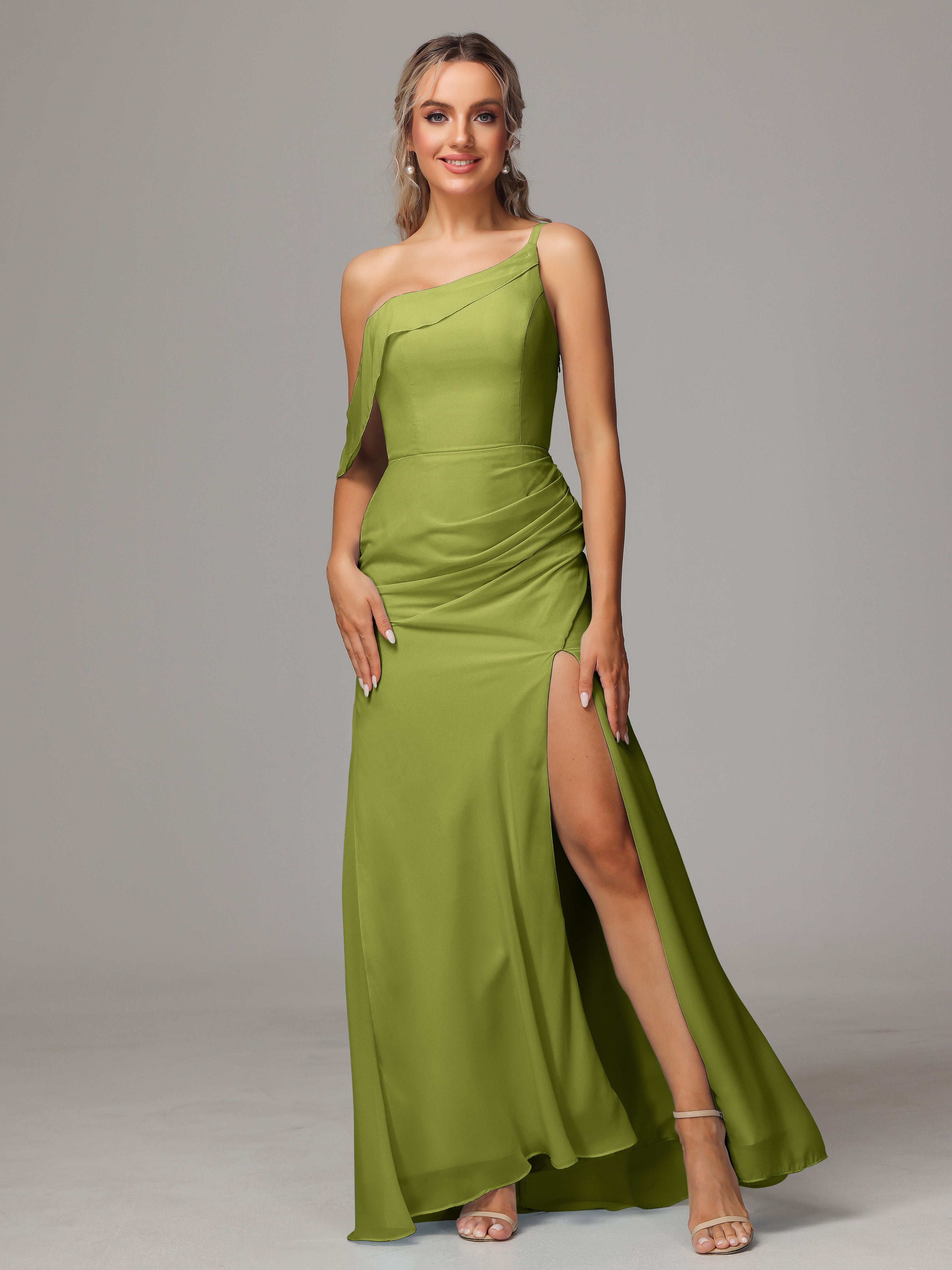 Robes De Demoiselle D'Honneur Trèfle Trapèze Décolleté Asymétrique Mousseline Longue Robes Demoiselle D'Honneur