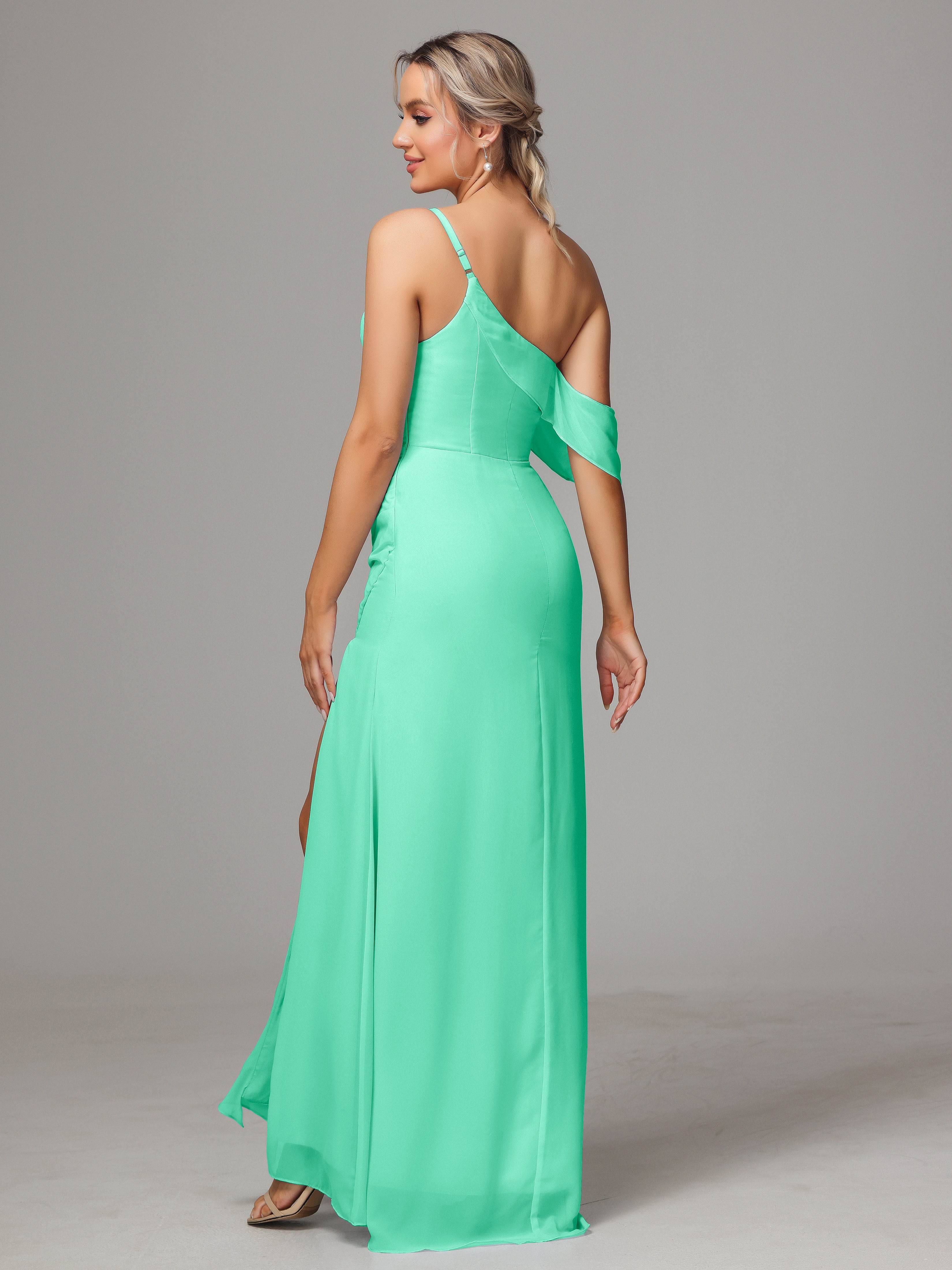 Robes De Demoiselle D'Honneur Turquoise Trapèze Décolleté Asymétrique Mousseline Longue Robes Demoiselle D'Honneur