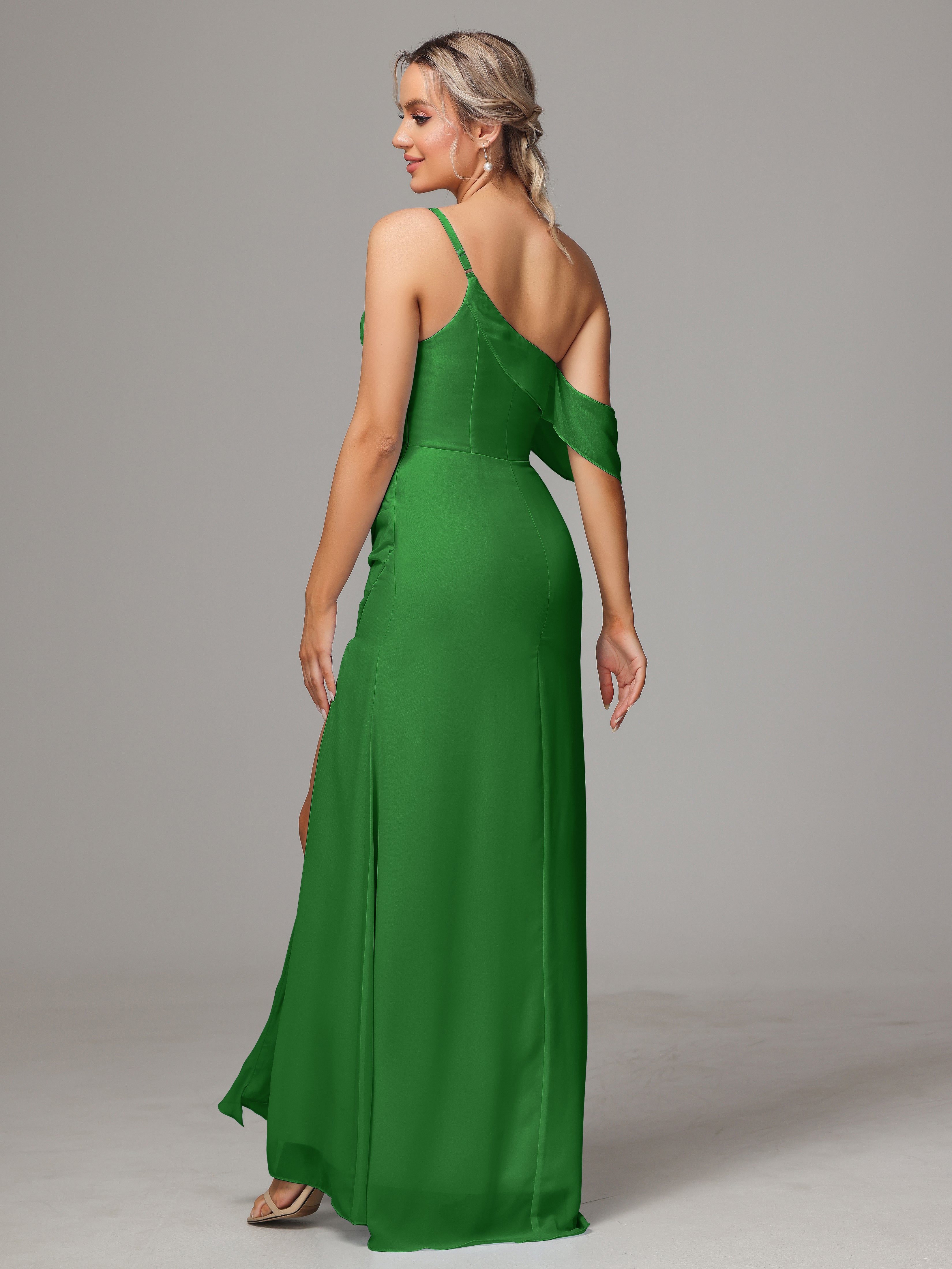 Robe Demoiselle Dhonneur Vert Trapèze Décolleté Asymétrique Mousseline Longue Robes Demoiselle D'Honneur