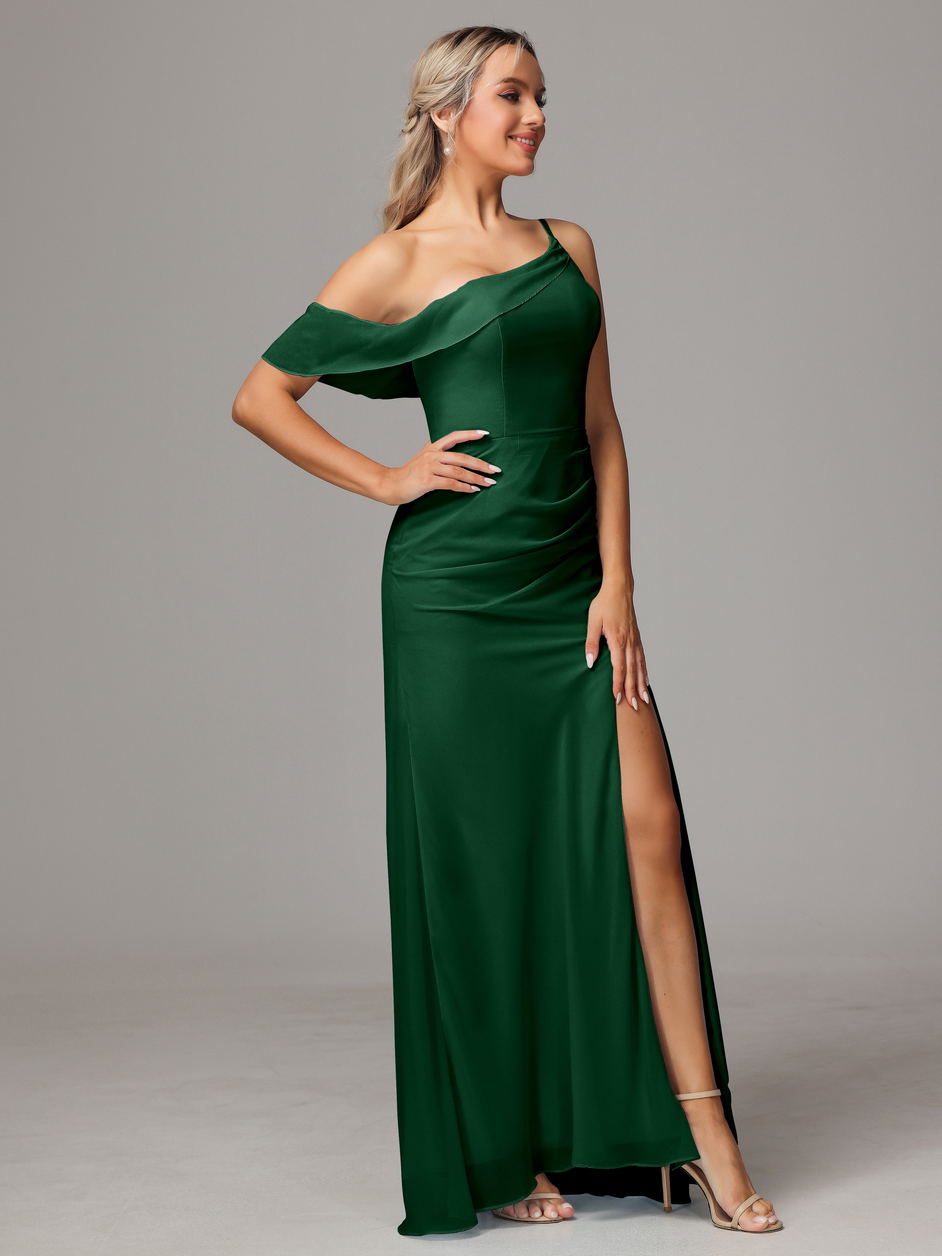 Robe Demoiselle D Honneur Vert Foncé Trapèze Décolleté Asymétrique Mousseline Longue Robes Demoiselle D'Honneur