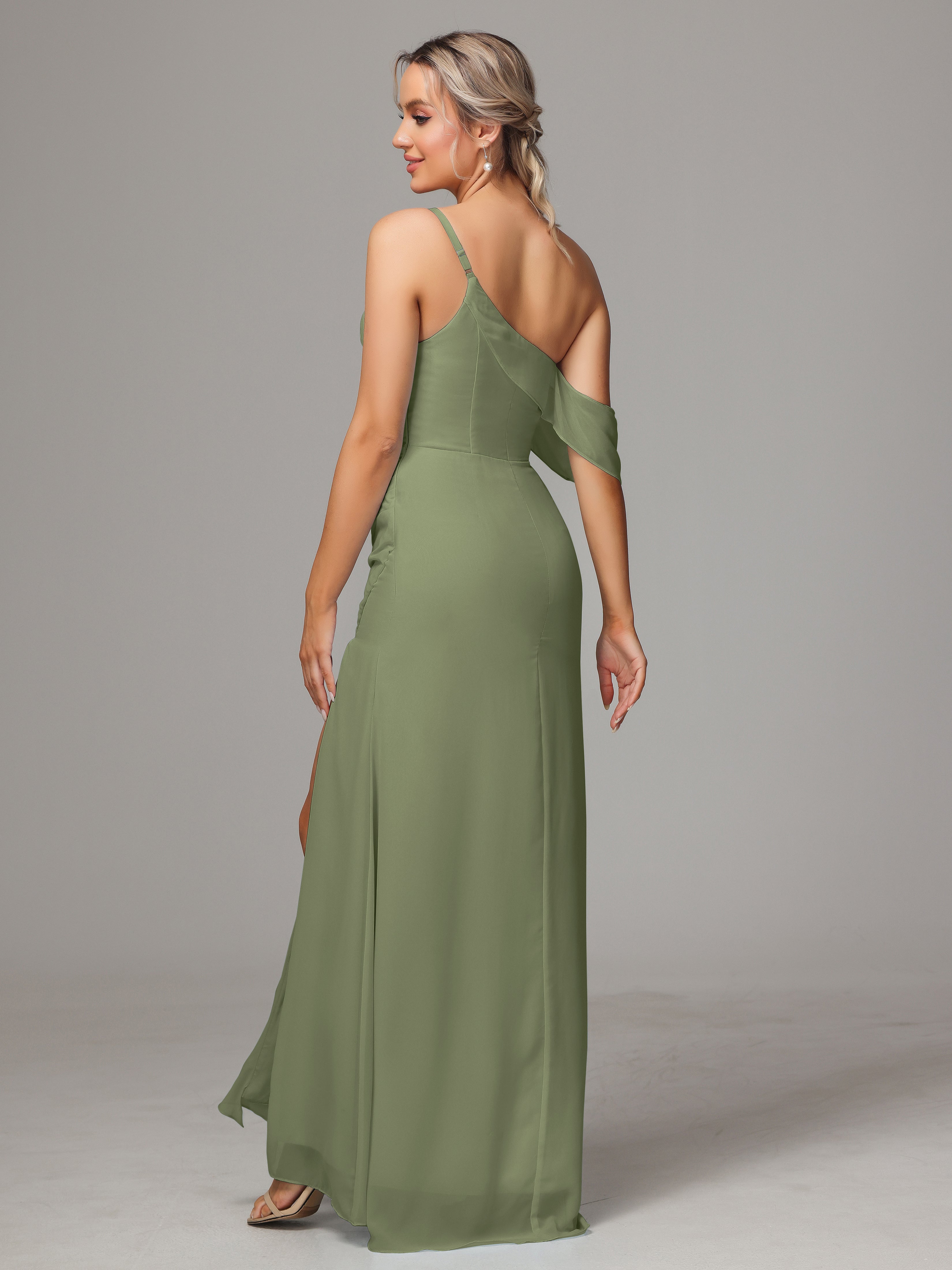 Robe Vert Olive Demoiselle D Honneur Trapèze Décolleté Asymétrique Mousseline Longue Robes Demoiselle D'Honneur