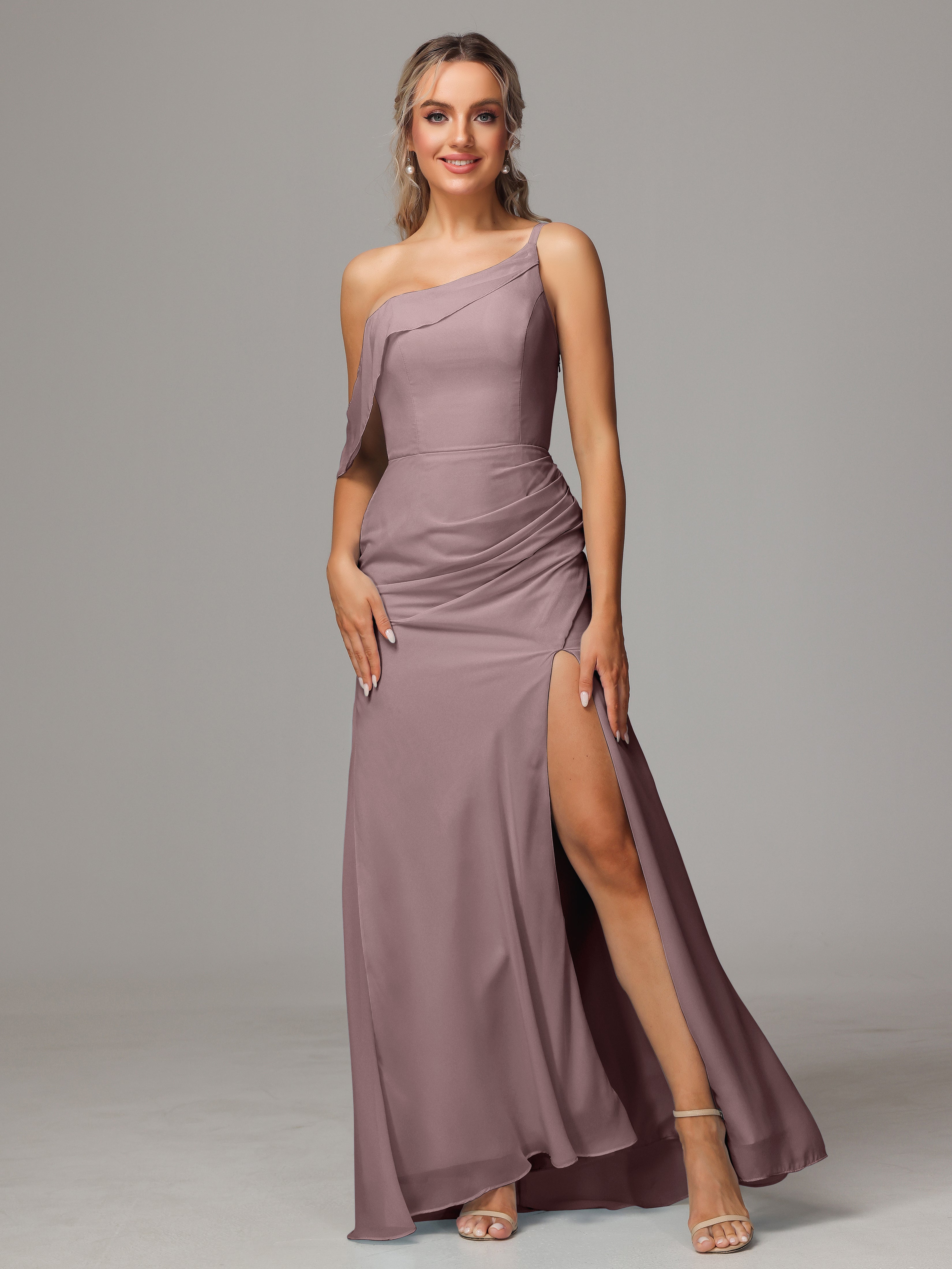 Robes De Demoiselle D'Honneur Mauve Foncé Trapèze Décolleté Asymétrique Mousseline Longue Robes Demoiselle D'Honneur