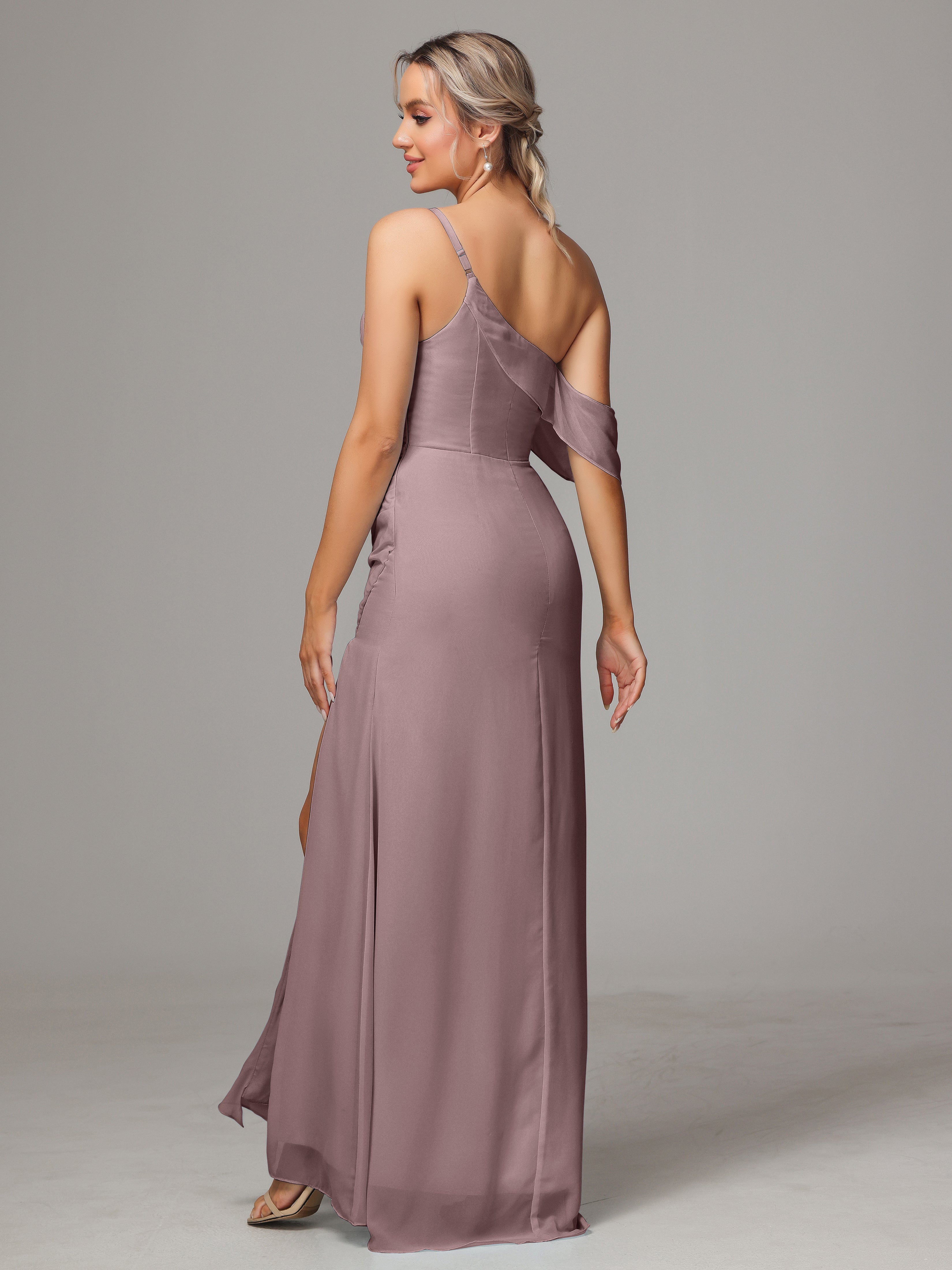 Robes De Demoiselle D'Honneur Mauve Foncé Trapèze Décolleté Asymétrique Mousseline Longue Robes Demoiselle D'Honneur