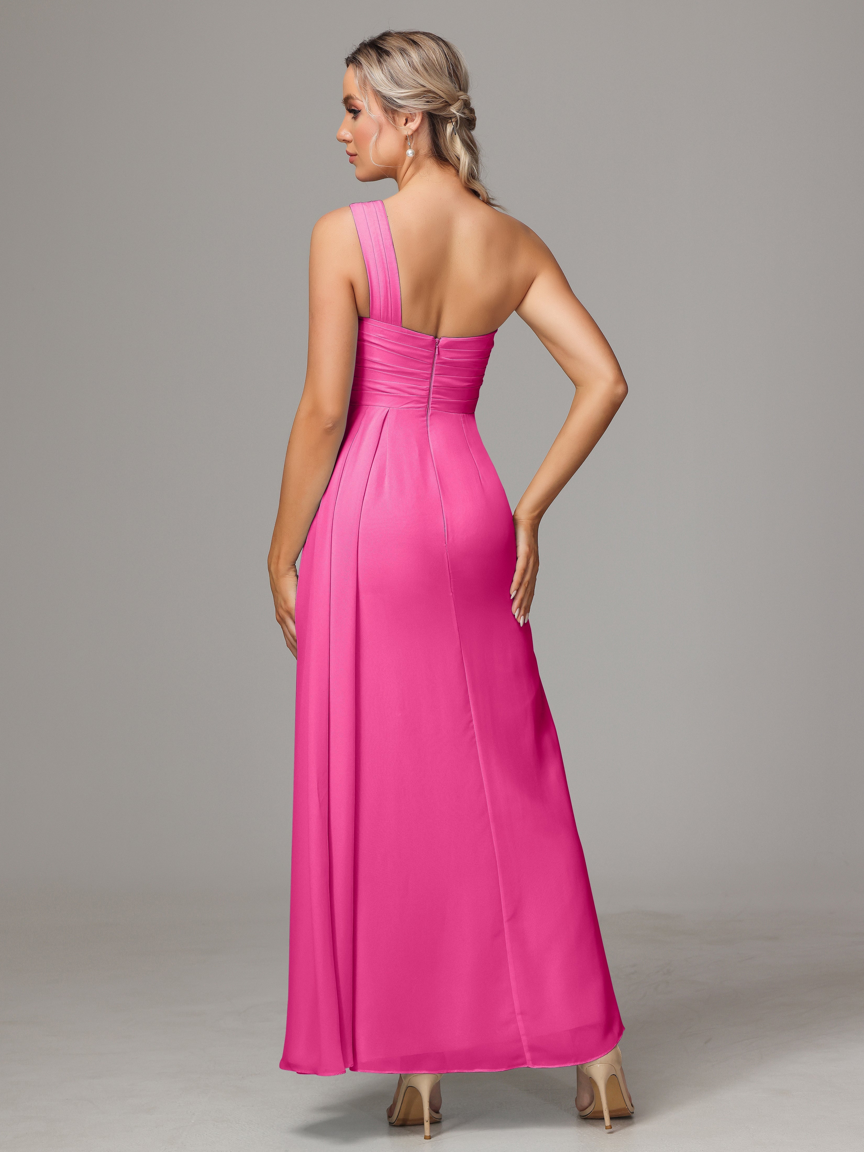 Robe Demoiselle D Honneur Azalée Décolleté Asymétrique Trapèze Mousseline Longue Robes Demoiselle D'Honneur Avec Plissé