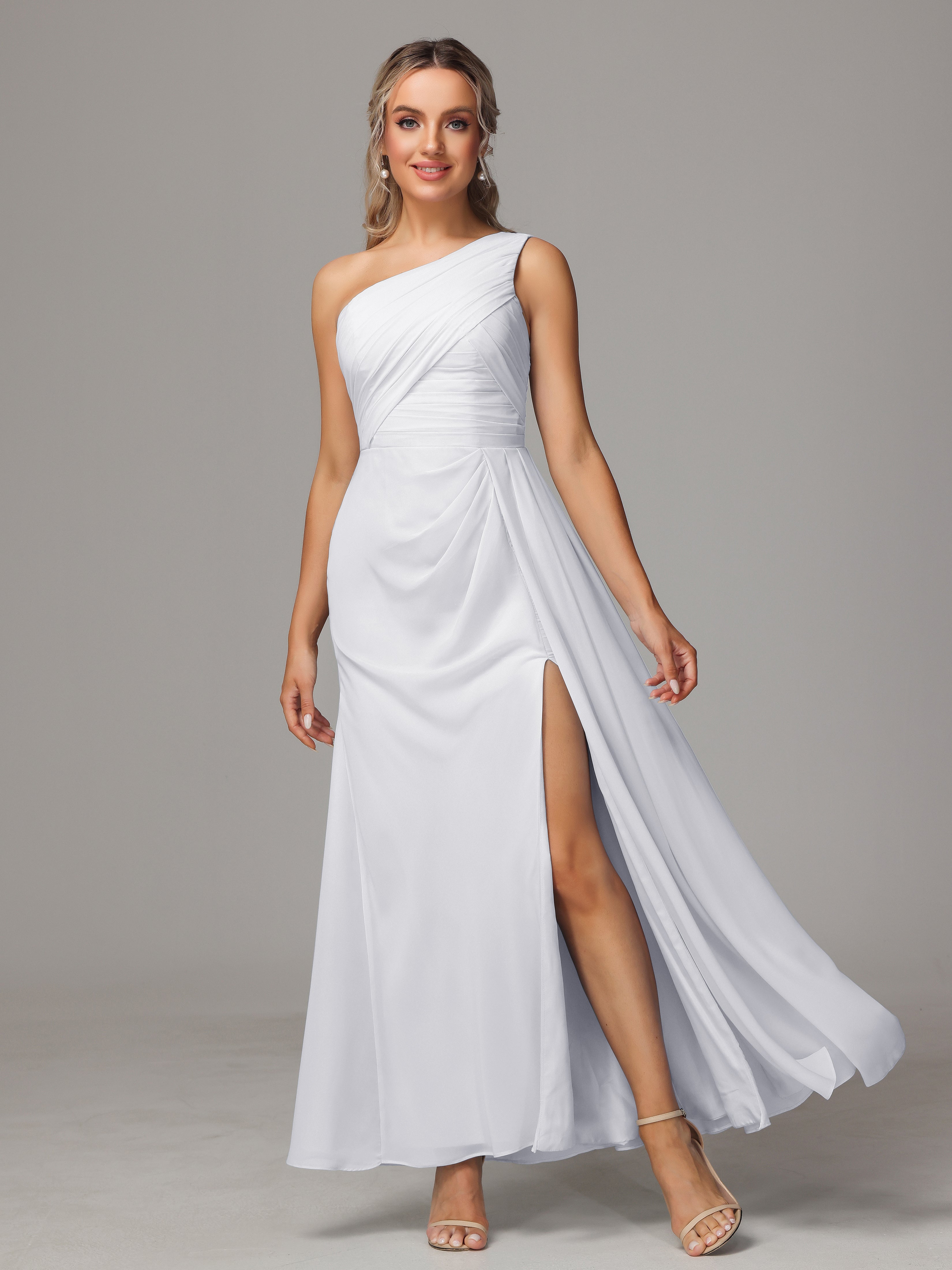 Robe Longue Blanche Demoiselle D Honneur Décolleté Asymétrique Trapèze Mousseline Longue Robes Demoiselle D'Honneur Avec Plissé