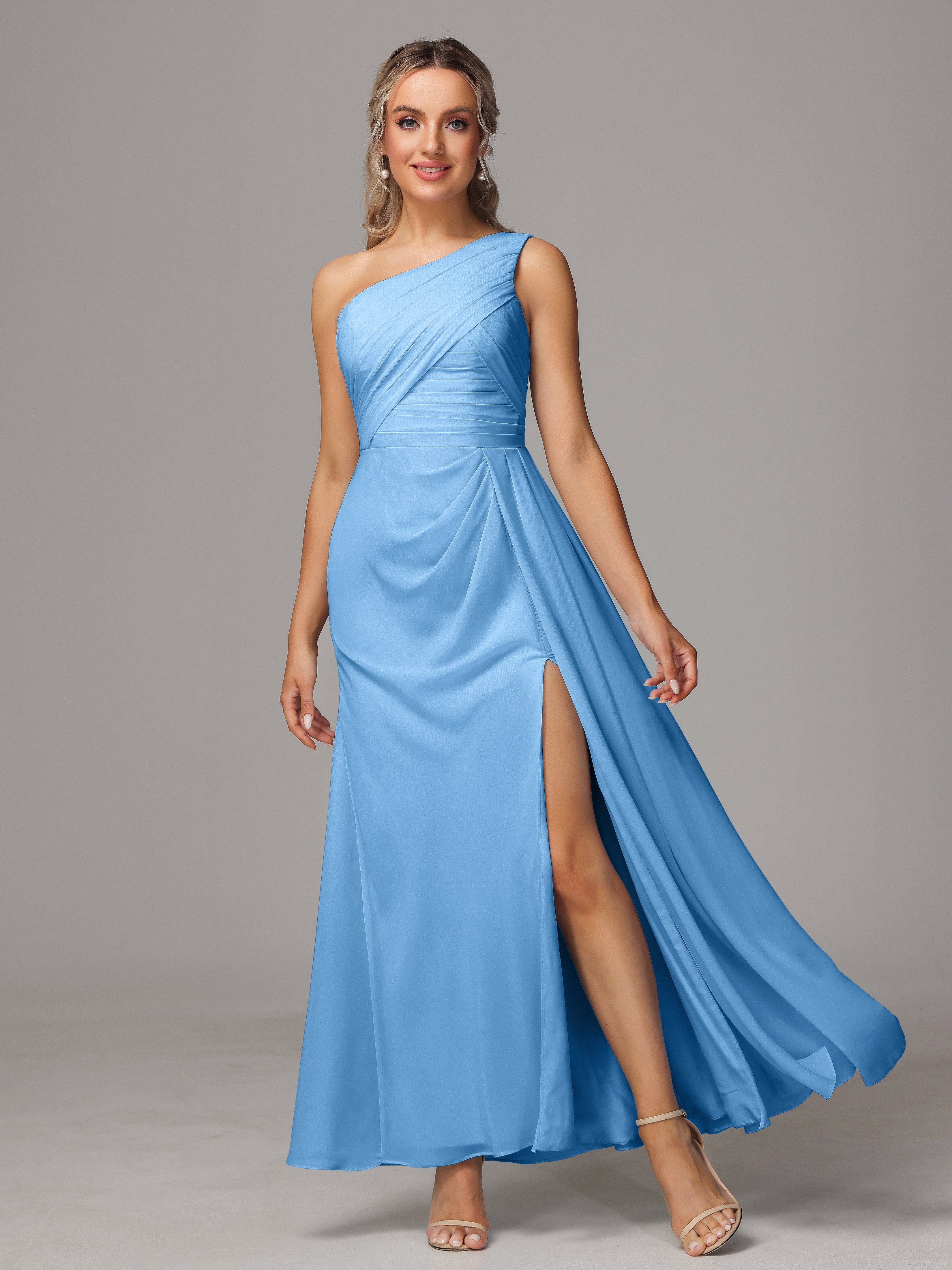 Robe Longue Bleu Demoiselle D Honneur Décolleté Asymétrique Trapèze Mousseline Longue Robes Demoiselle D'Honneur Avec Plissé