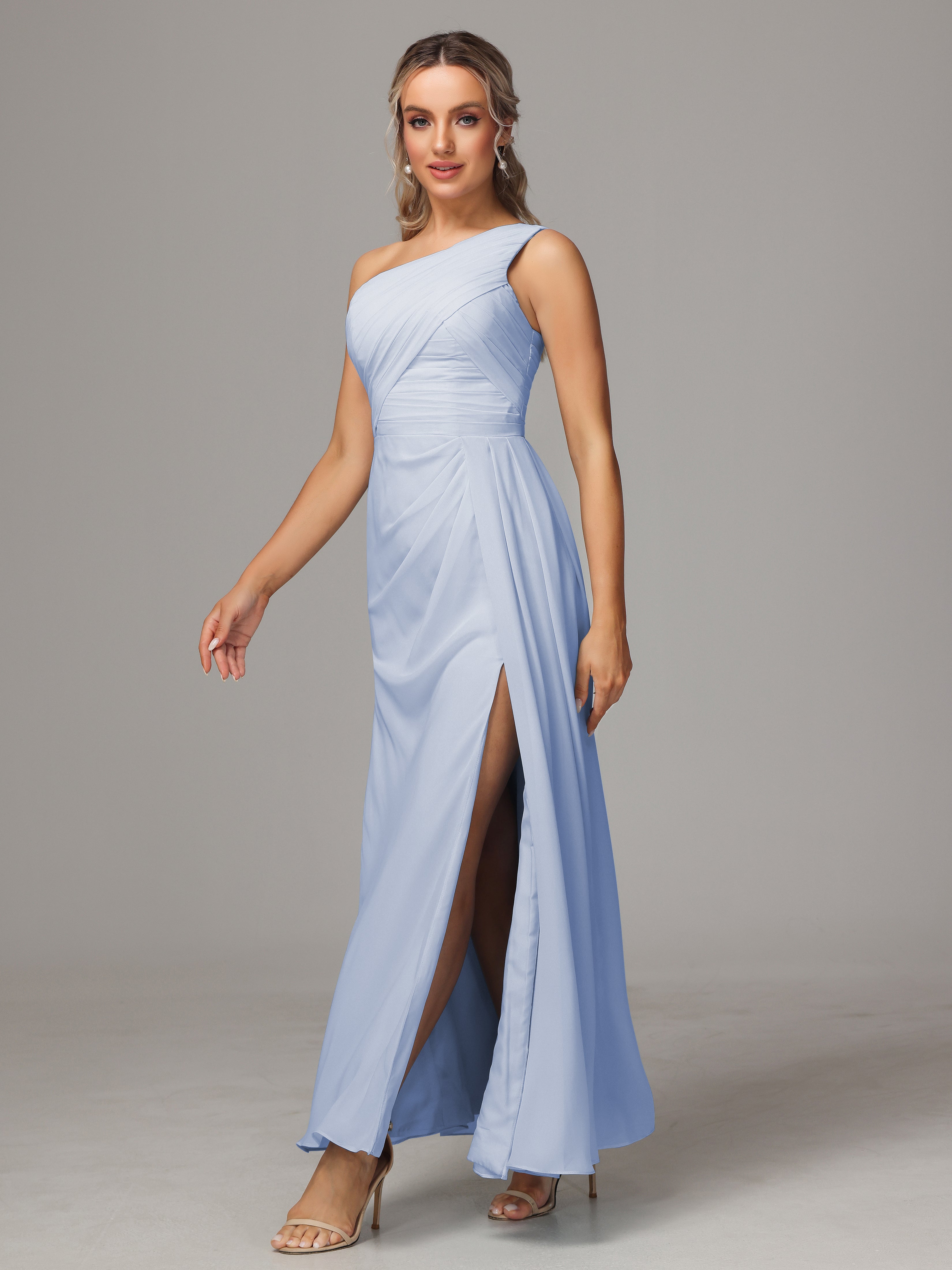 Robe Longue Bleu Ciel Demoiselle D Honneur Décolleté Asymétrique Trapèze Mousseline Longue Robes Demoiselle D'Honneur Avec Plissé