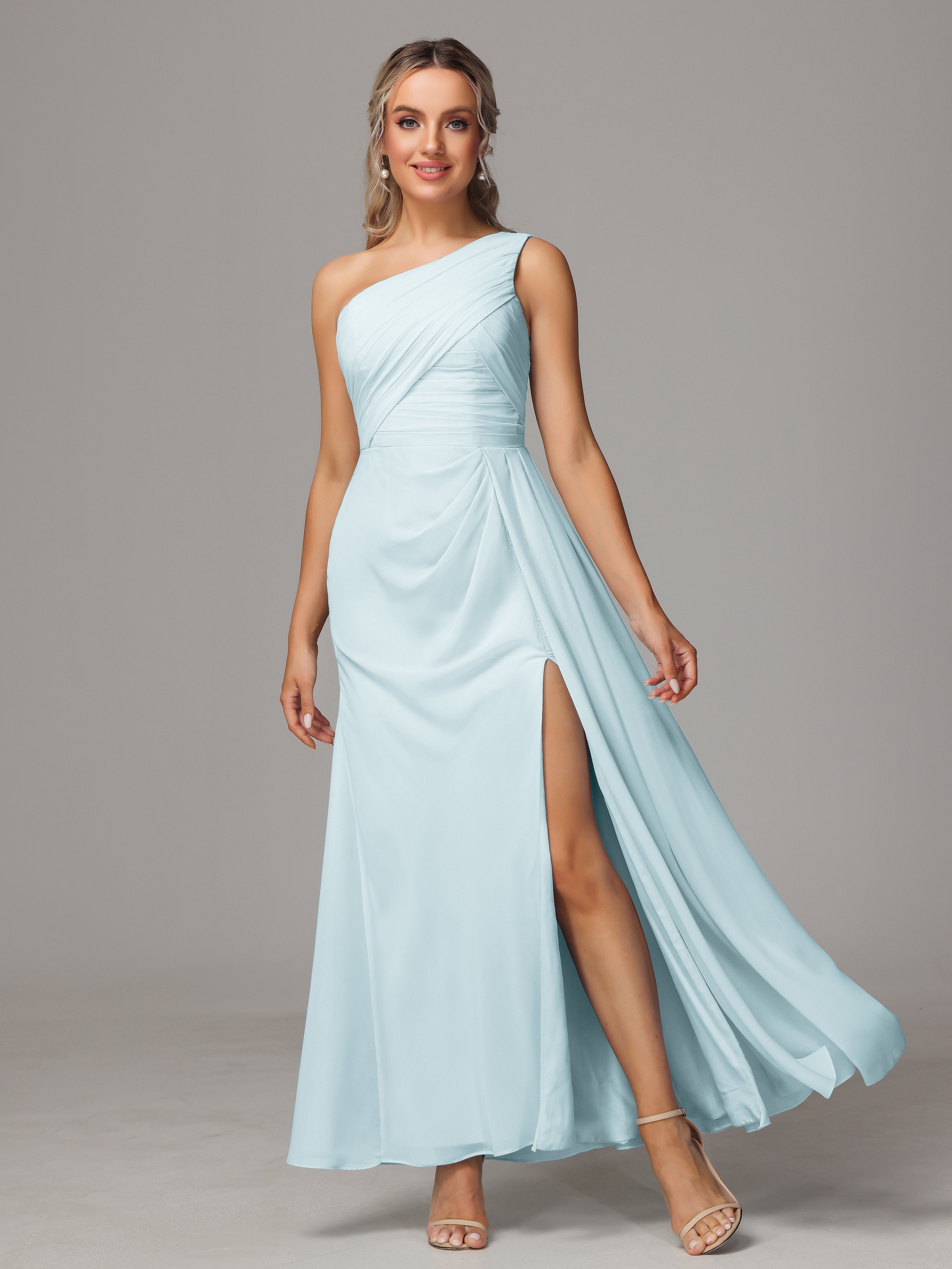 Robe De Demoiselle D'Honneur Brume Décolleté Asymétrique Trapèze Mousseline Longue Robes Demoiselle D'Honneur Avec Plissé