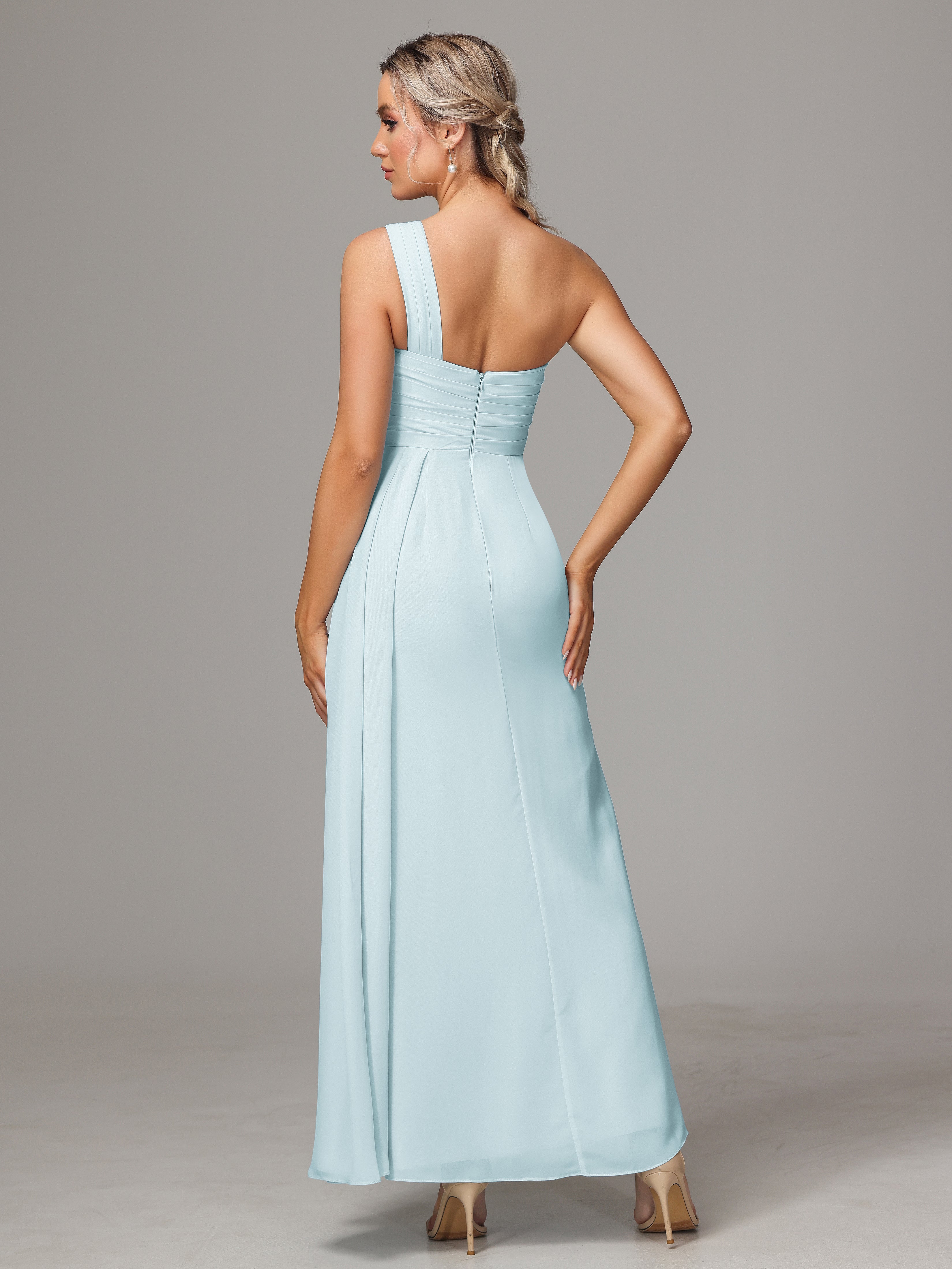 Robe De Demoiselle D'Honneur Brume Décolleté Asymétrique Trapèze Mousseline Longue Robes Demoiselle D'Honneur Avec Plissé